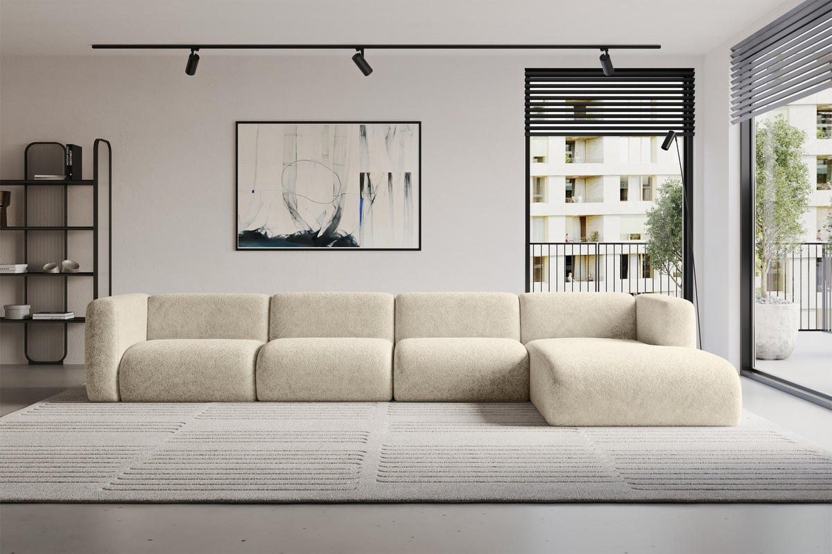 ECKSOFA Ottomane Rechts MIRA-L3 409x179x70 Creme Velours - Creme/Schwarz, Holzwerkstoff/Kunststoff (409/179cm) - ALTDECOR