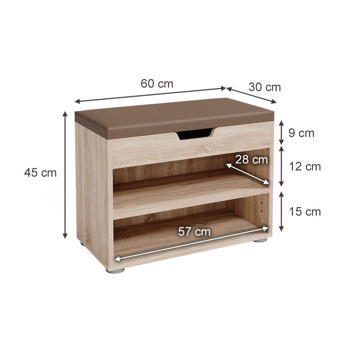 SCHUHBANK Rolfe Sonoma 60 x 45 cm - Sonoma Eiche, Holzwerkstoff (60/45/30cm) - Vicco