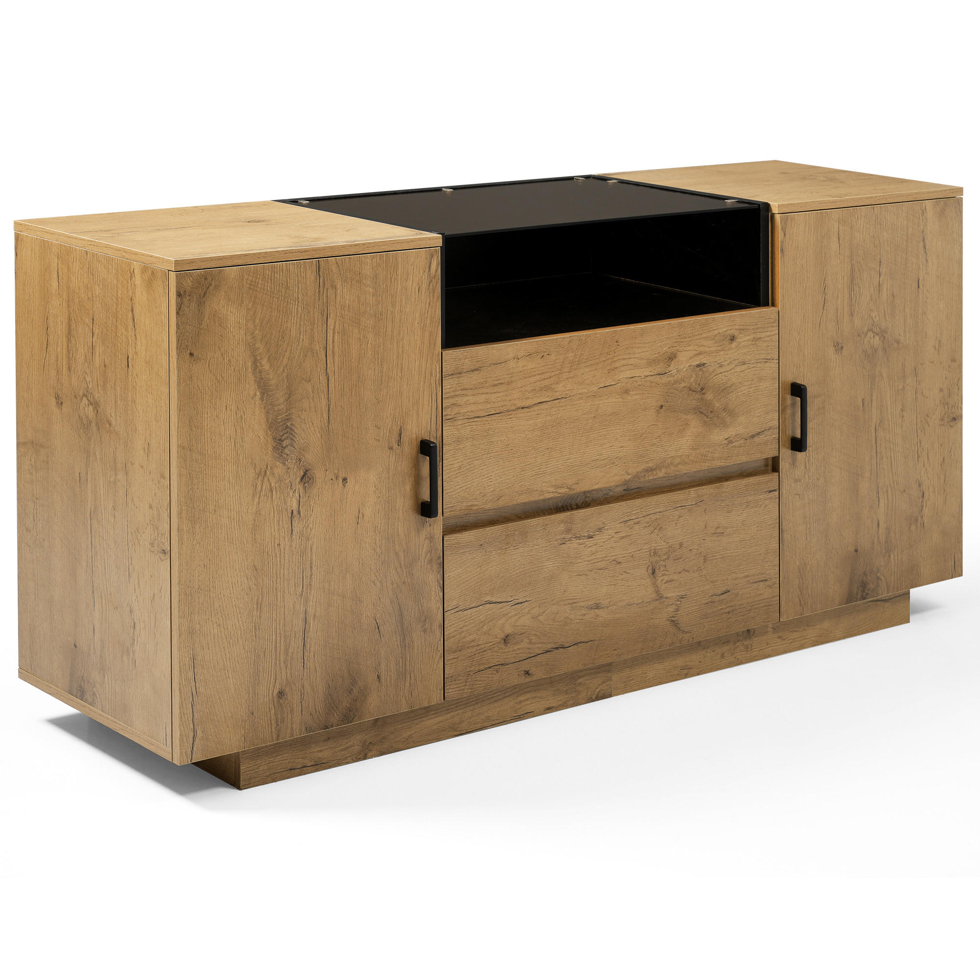 Urban Meuble SIDEBOARD v dekoru dub se skleněným čelem se 2 zásuvkami, 2 dvířky a otevřenou přihrádkou
