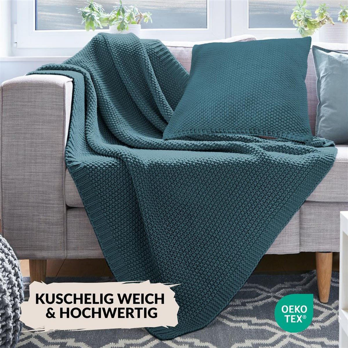 STRICKDECKE 130x170 cm, Kuscheldecke aus 100% Polyacryl, Flauschige Wohnzimmer Wohndecke für Sofa, Bett, Couch uvm. - Petrol - Petrol, Textil (130/170cm) - Carpe Sonno