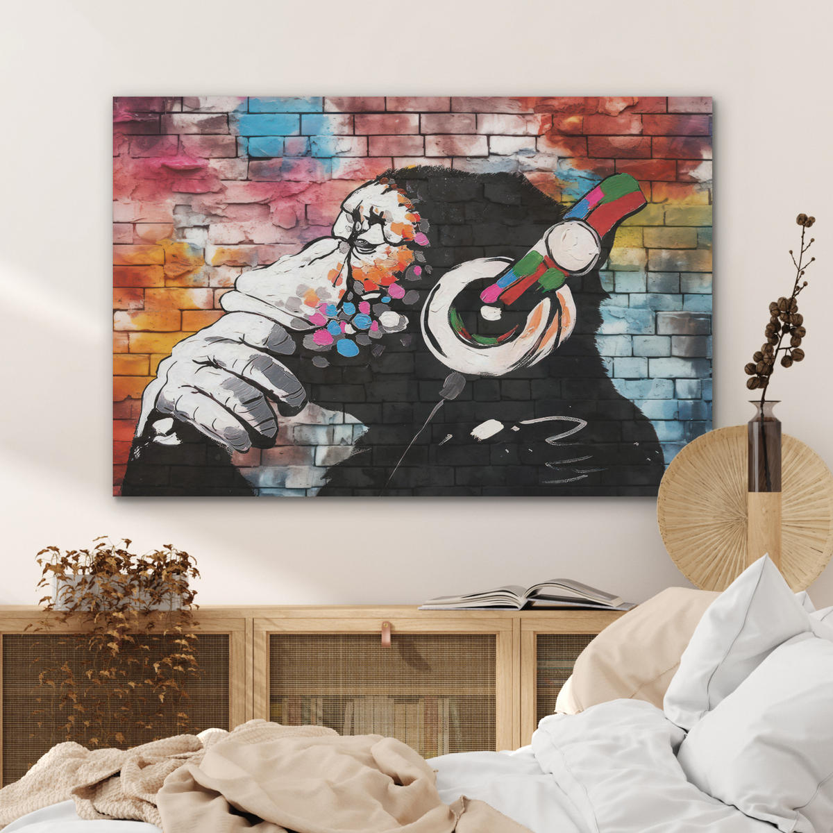 AKUSTIKPANEEL Affe - Graffiti - Musik 100x70 cm - Multicolor, Textil (100/0.9/70cm) - MuchoWow