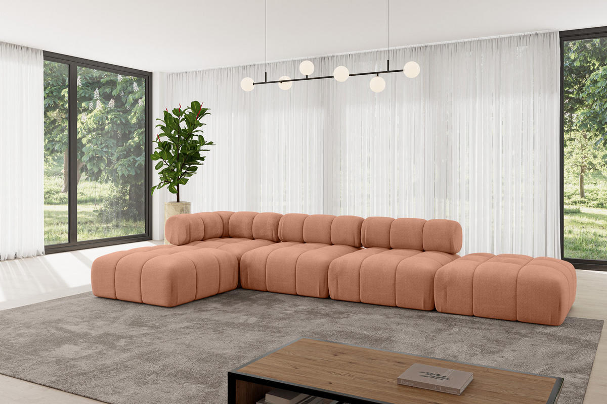 ECKSOFA modulares Sofa Kerru-L2 - 380x190x70 cm Apricot Velours - Koralle, Holzwerkstoff/Textil (380/190cm) - ALTDECOR