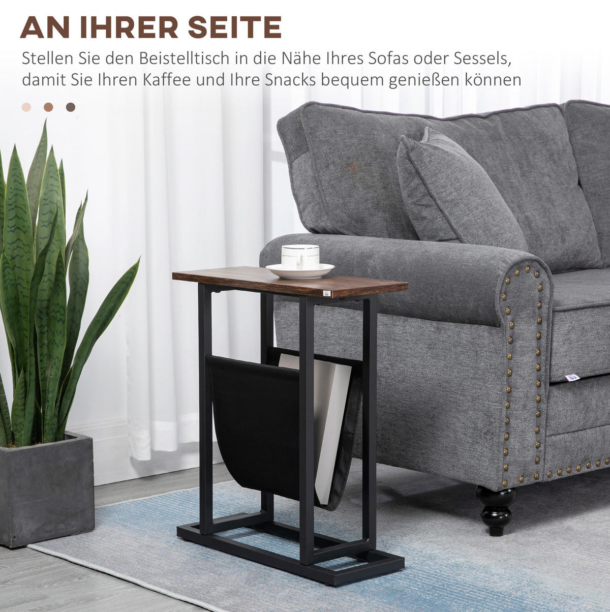 BEISTELLTISCH aus Polyester und Stahl 49x19x55 cm Dunkelbraun/Schwarz mit Stofftasche und schlankem Design - Braun, Textil (49/19/55cm) - Modfu