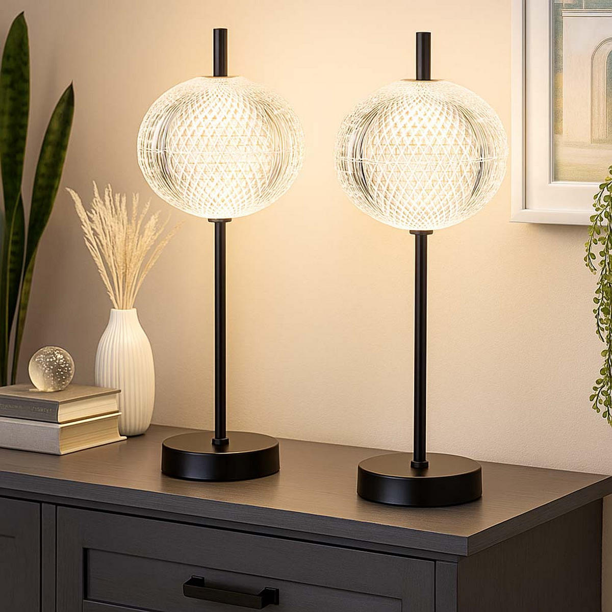 LED TISCHLEUCHTE AIDA Schwarz Kristalloptik 2er Set - Schwarz, Metall (15/15/40cm) - Globo Lighting