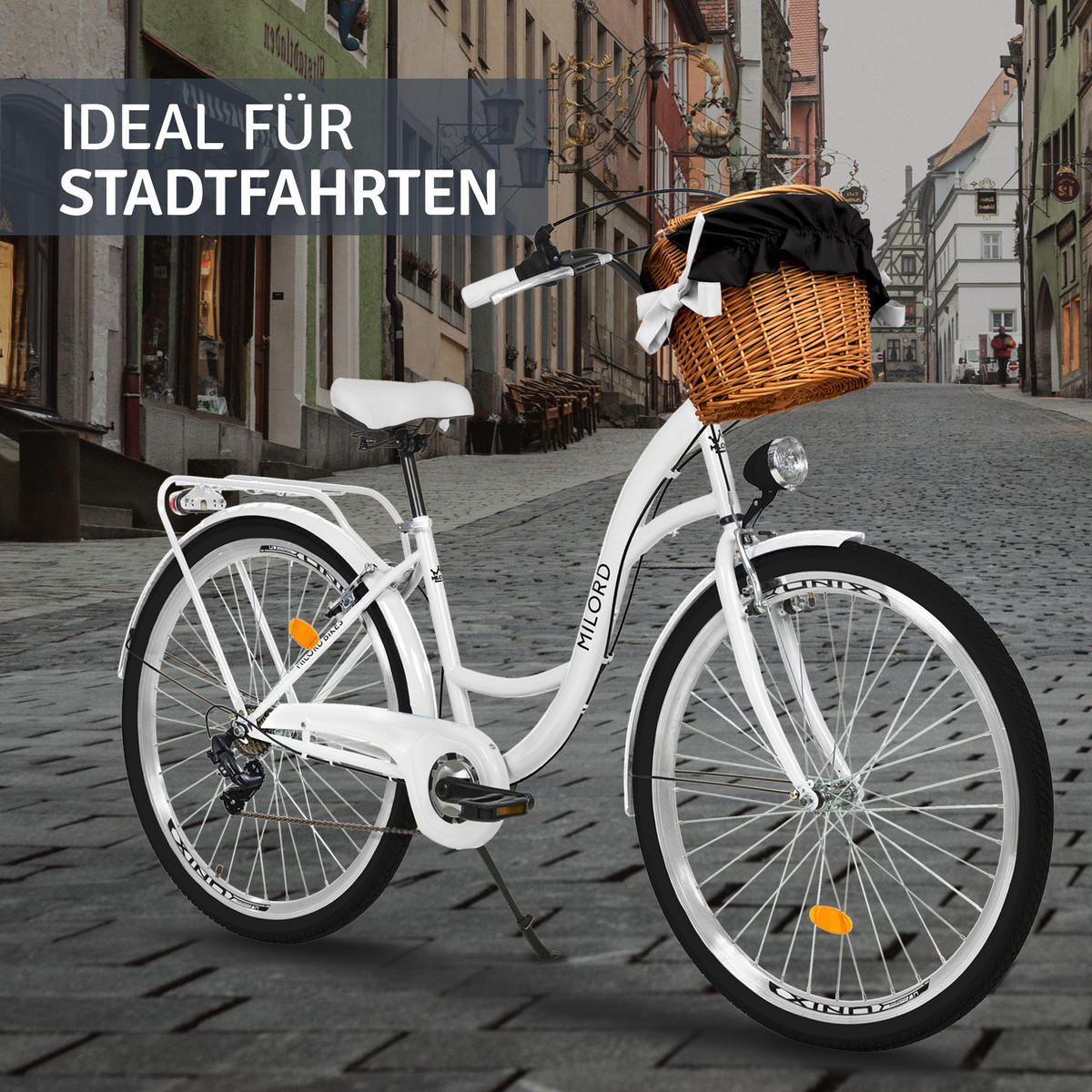 CITY-FAHRRAD Milord mit Weidenkorb, 28 Zoll, Weiß, 7-Gang - Weiß, Metall (46cm) - Milordbikes