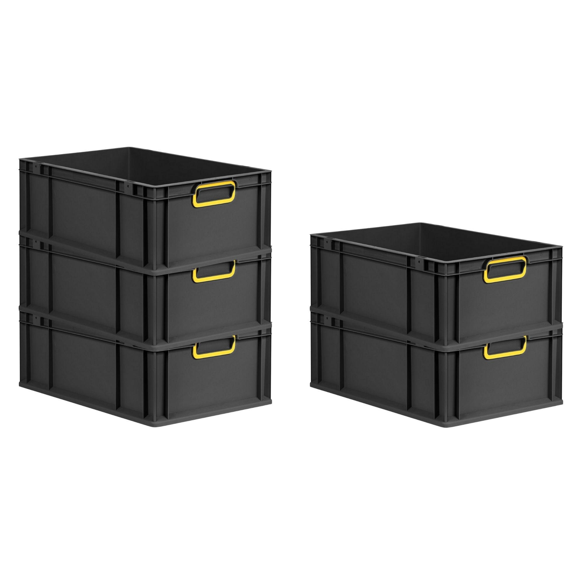 EUROBOX 5x NextGen Color 22x40x60 cm 44 Liter Griffe gelb zu, Schwarz - Gelb/Schwarz, Kunststoff (40/22/60cm) - PROREGAL