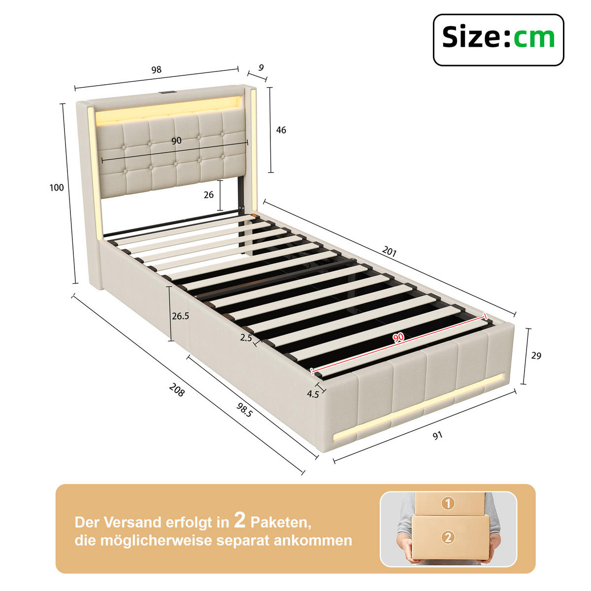 POLSTERBETT 90x200 cm Beige mit LED, Stauraum, USB-C & hydraulischem Lattenrost - Beige, Holz (90/200cm)