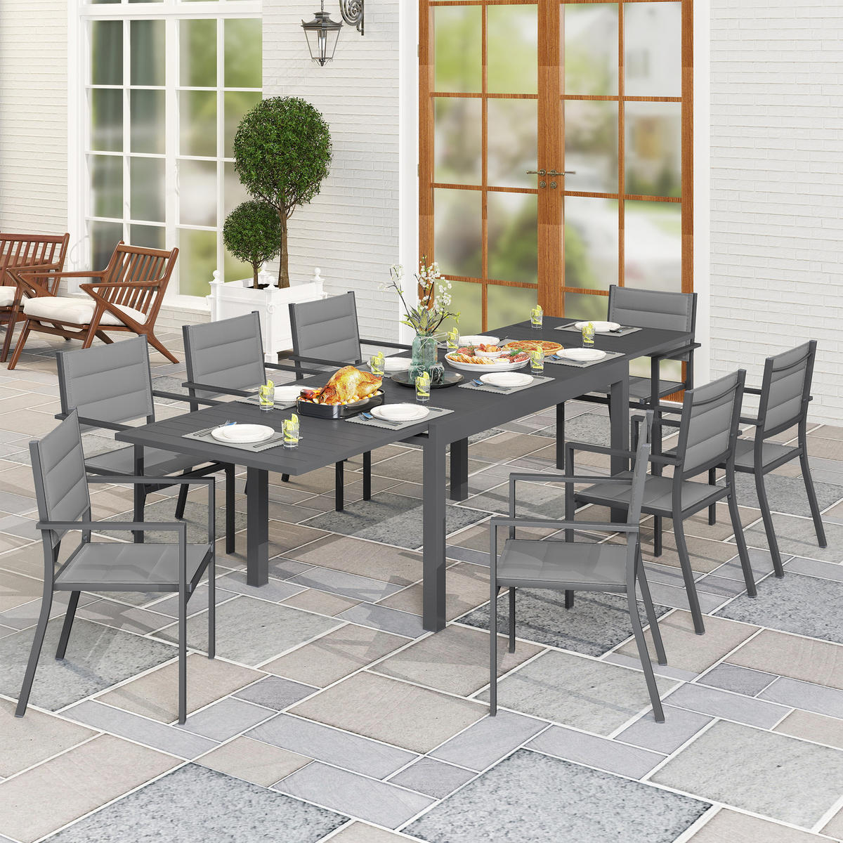 GARTENTISCHGRUPPE DE-18087 ausziehbar 135-270 cm, Aluminium/Textilene Grau - Grau, Metall - ComfortXL