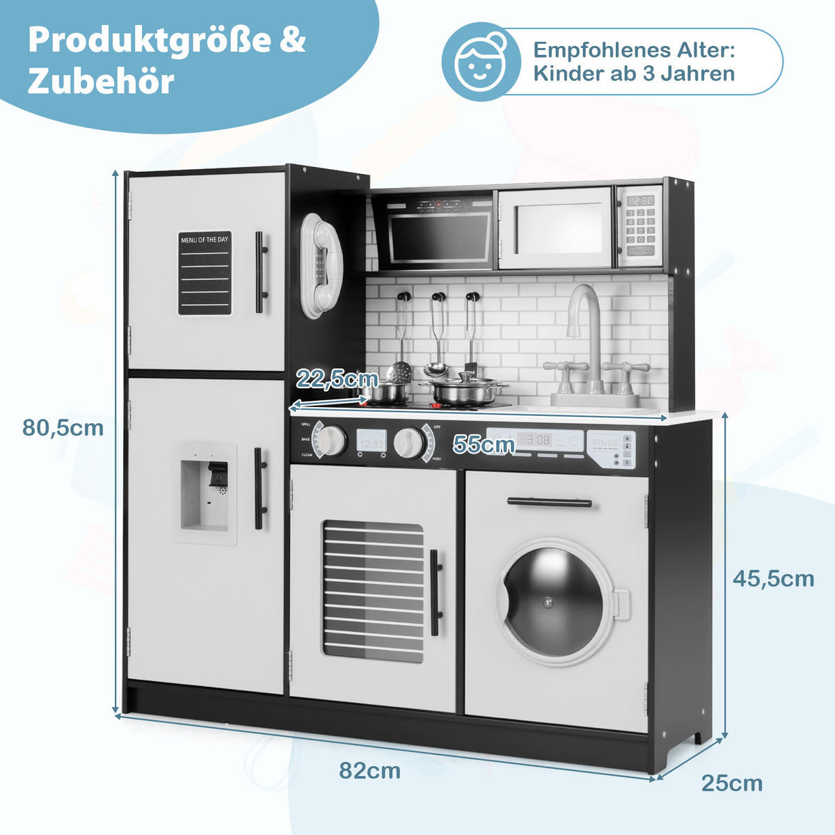 KINDERKÜCHE Schwarz - Schwarz, Holzwerkstoff (25/80.5/82cm) - COSTWAY