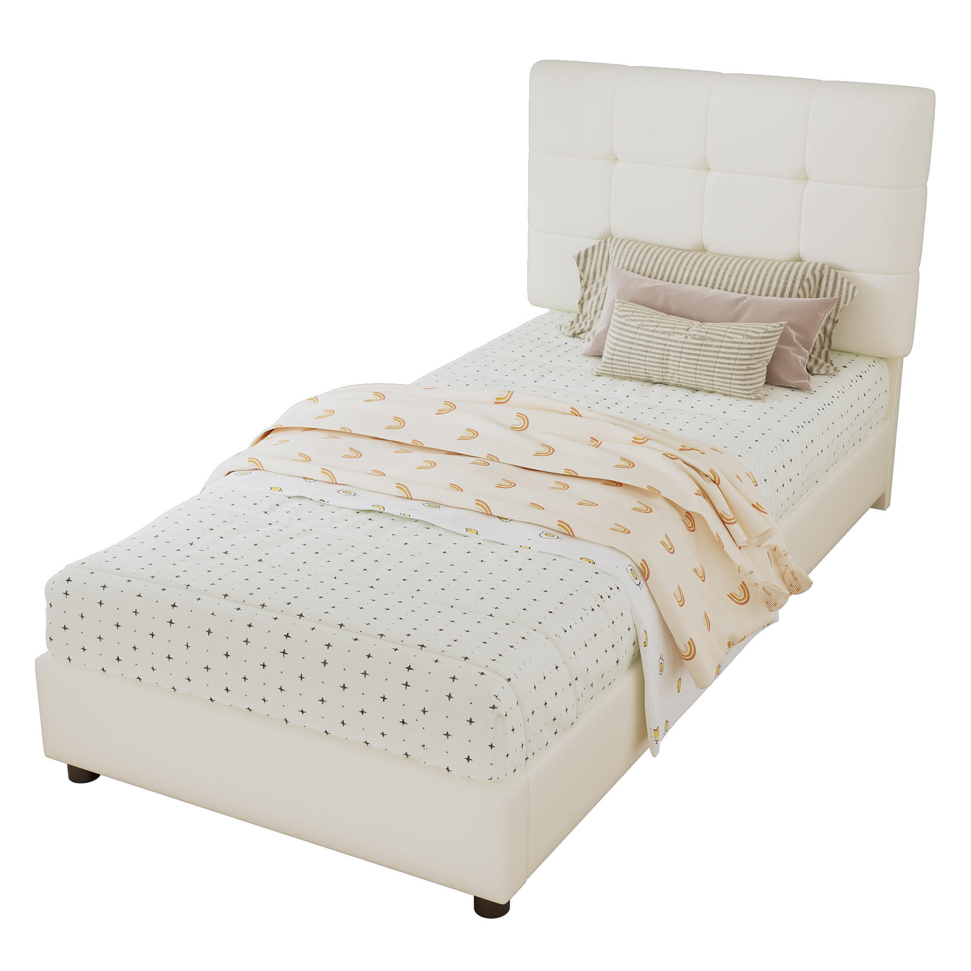 POLSTERBETT 90/200 cm Beige mit Keksförmigem Kopfteil aus PU und Eisen - Beige, Holzwerkstoff (90/200cm) - OKWISH