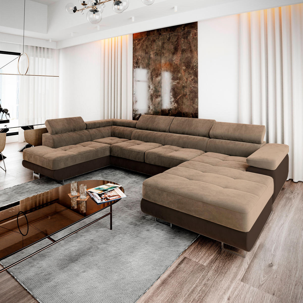 WOHNLANDSCHAFT CASONE L-S Beige Velours-Stoff mit Schlaffunktion - Beige, Holz (345/90/202cm) - MASSENO