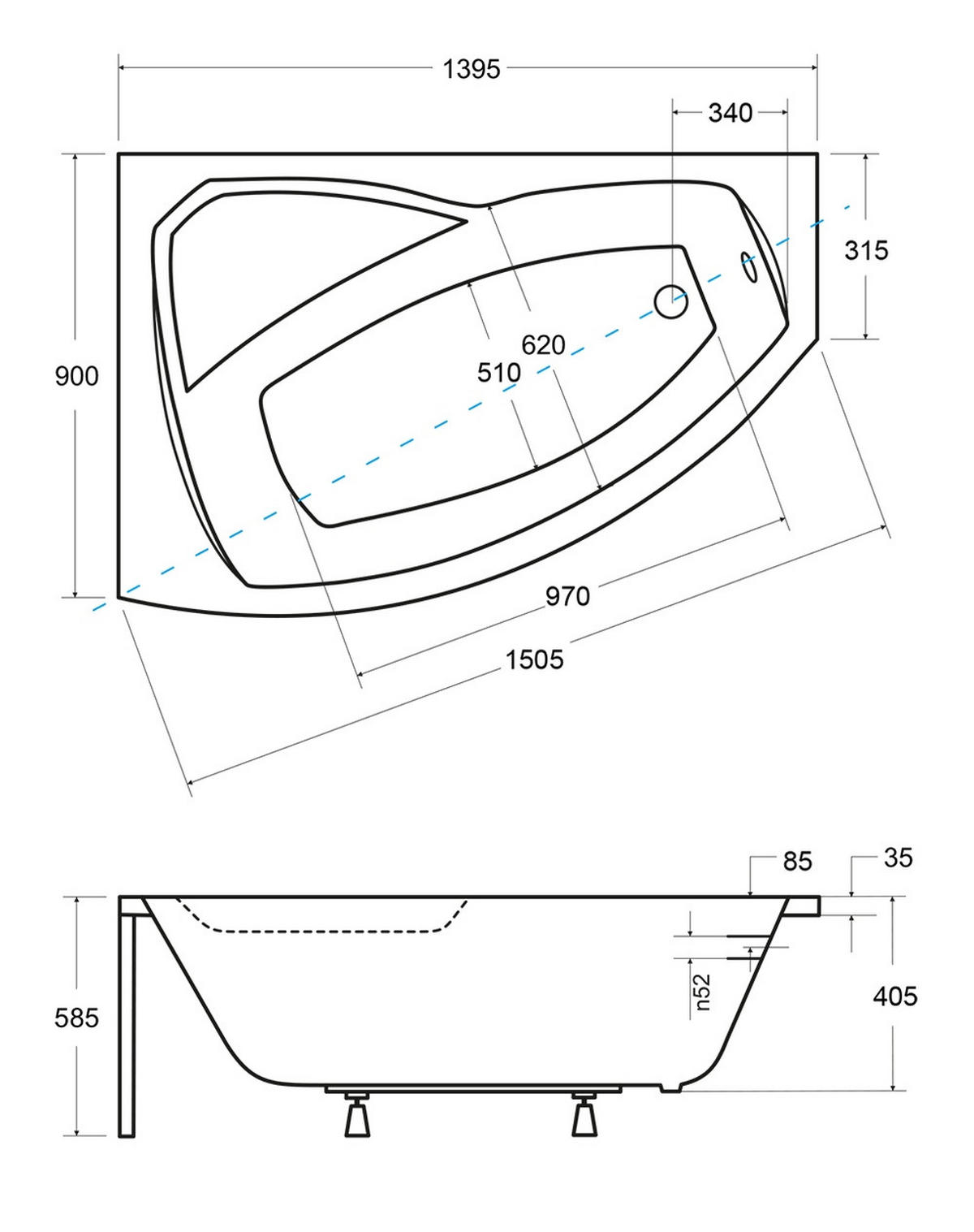 BADEWANNE Eckwanne RIMA 140/90 Links mit weißer Kopfstützen Ablauf Füße - Weiß, Kunststoff (90/58.5/140cm) - bad land