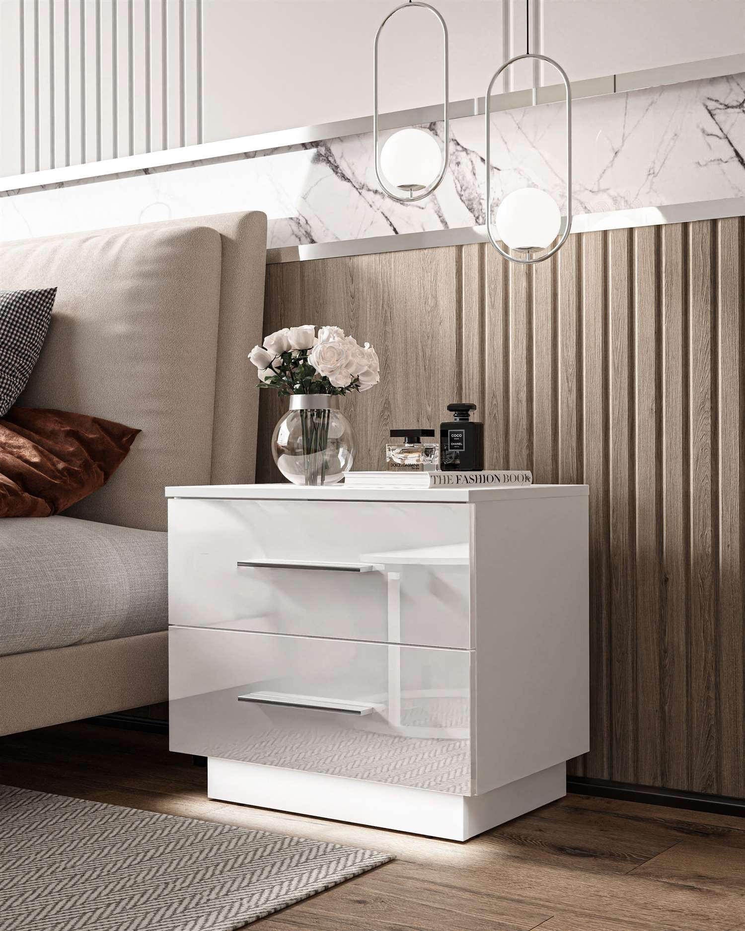 NACHTTISCH LINA mit Chromgriffen, Hochglanz, LED - Weiß, Holzwerkstoff (55/50/37cm) - Lookway