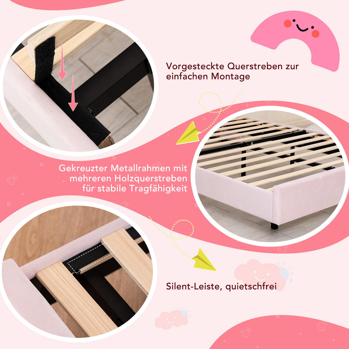 KINDERBETT 90×200 cm, LED-Musiklampe, schwebendes Design, Kopfteil in Wolkenform, bett rosa - Pink, Metall (90/215cm) - HOMAVO