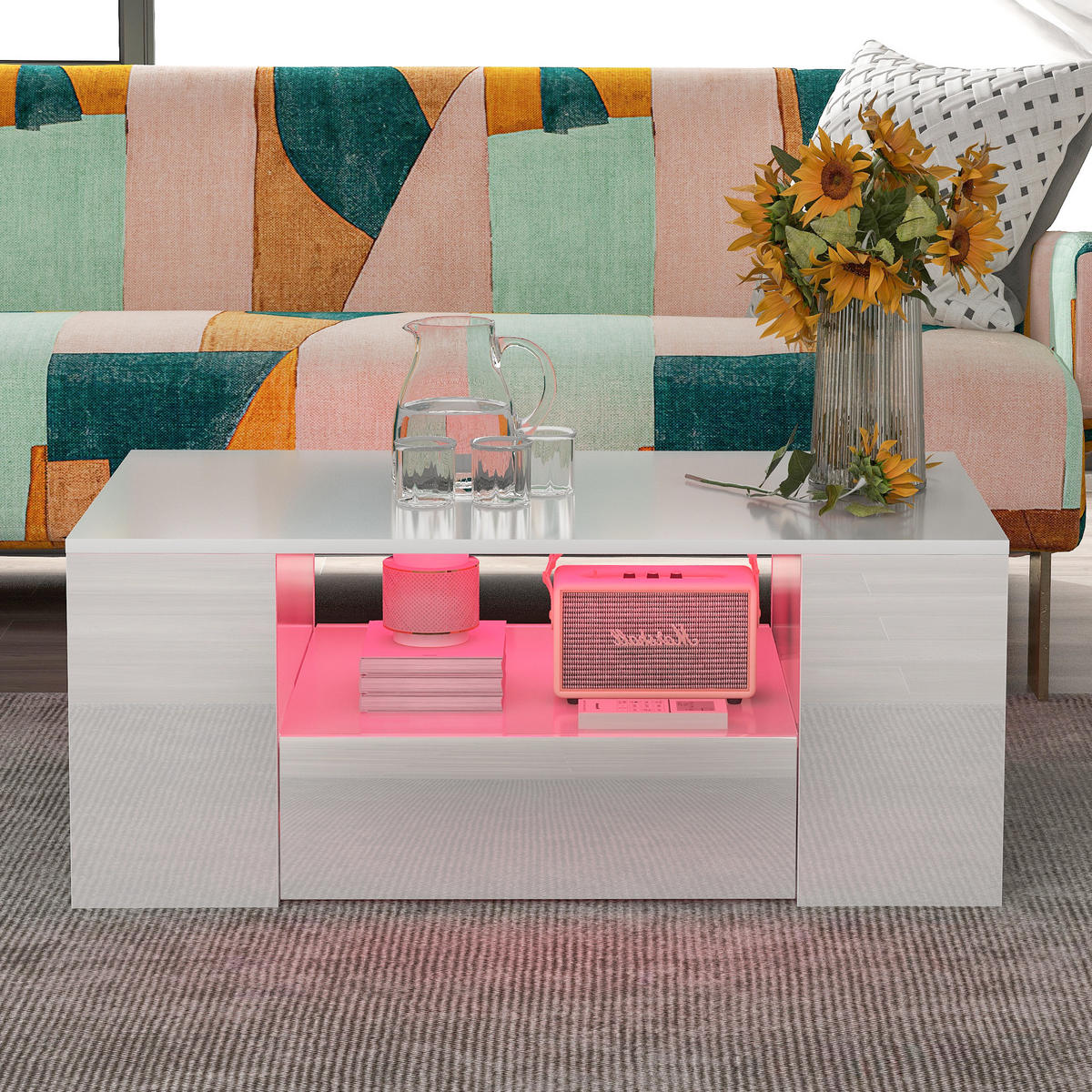 COUCHTISCH 95/53/37 cm hochglänzend mit 2 Schubladen und LED-Beleuchtung - Weiß, Holzwerkstoff (95/53/37cm) - OKWISH