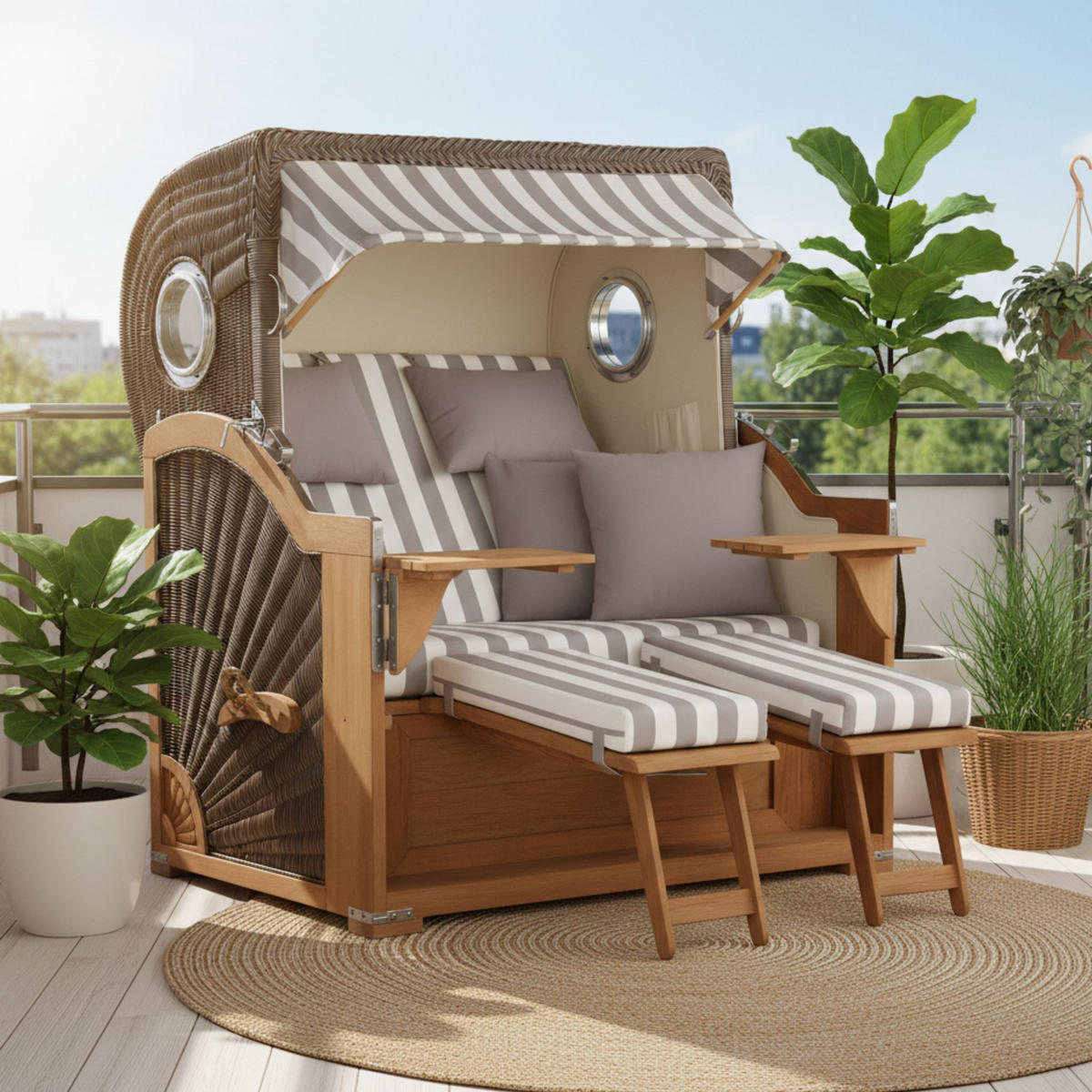 STRANDKORB Baltikum Teak 2,5 Sitzer - Braun/Grau, Holz/Metall (142/170/95cm) - Mr. Deko