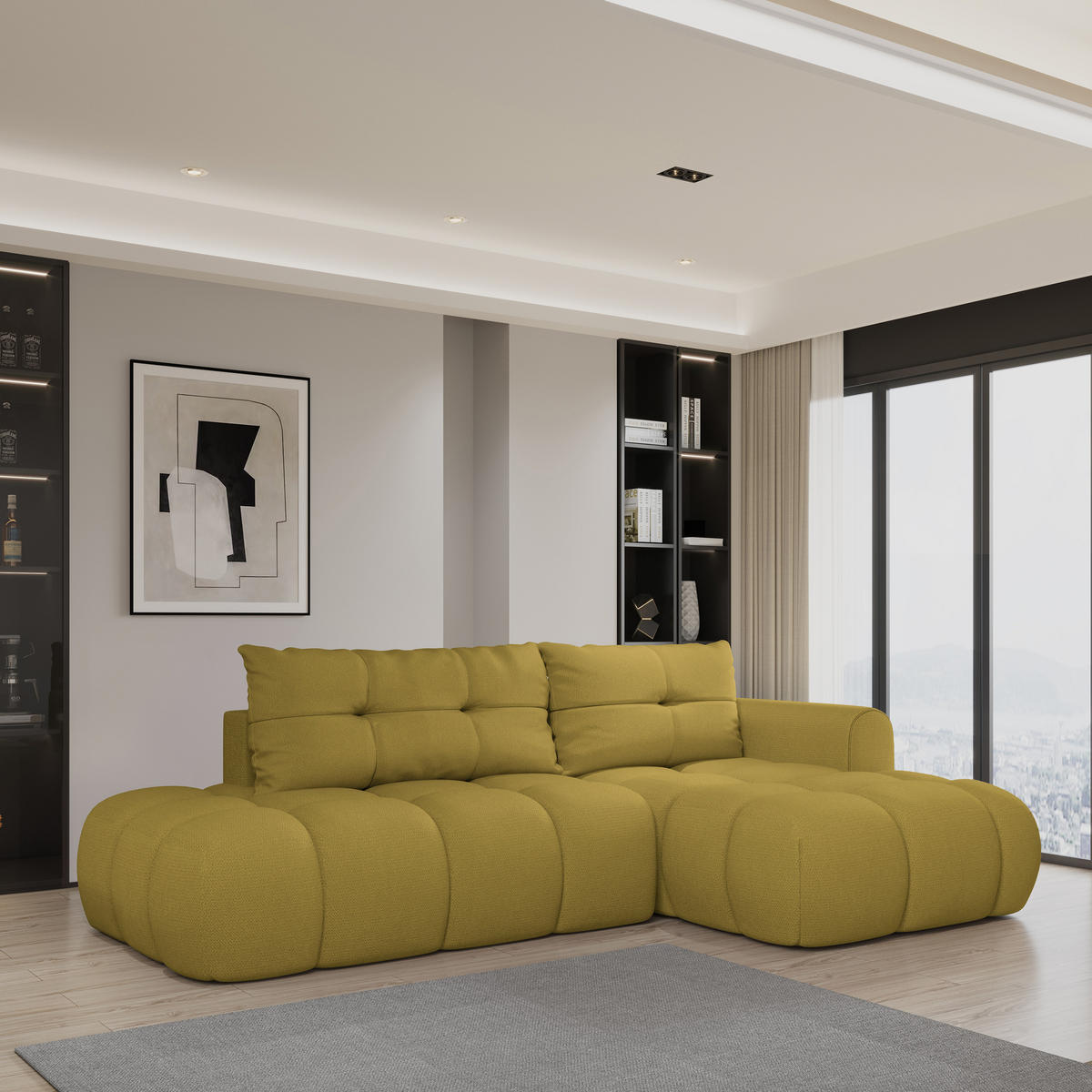 ECKSOFA FLUMA R-S Gelb Geflochtener Stoff mit Schlaffunktion - Gelb, Holz (274/165cm) - MASSENO