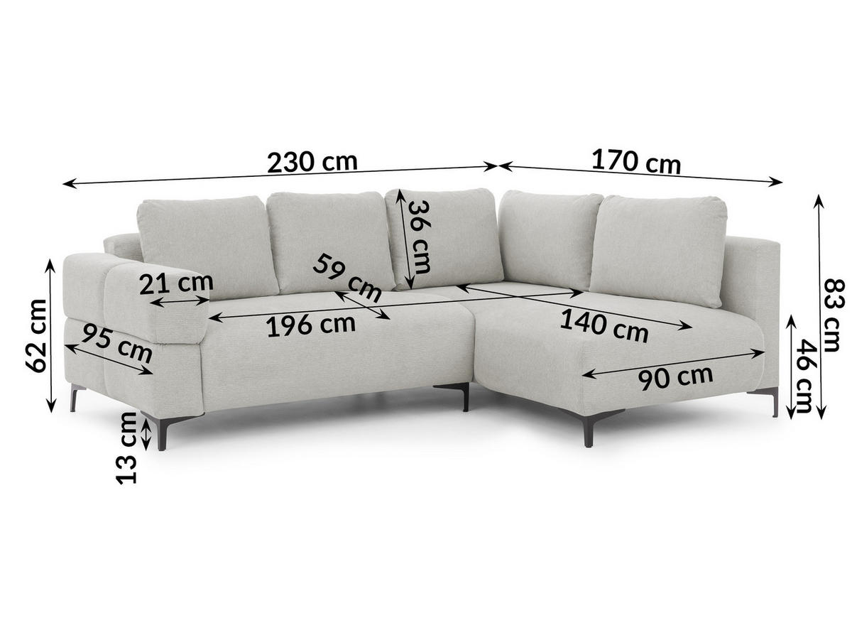 ECKSOFA Cardea in Bubble-Optik aus weichem Hellgrau Strukturstoff mit hohem Sitzkomfort - Ottomane rechts - Hellgrau/Schwarz, Holz/Textil (230/170cm) - S-Style Möbel