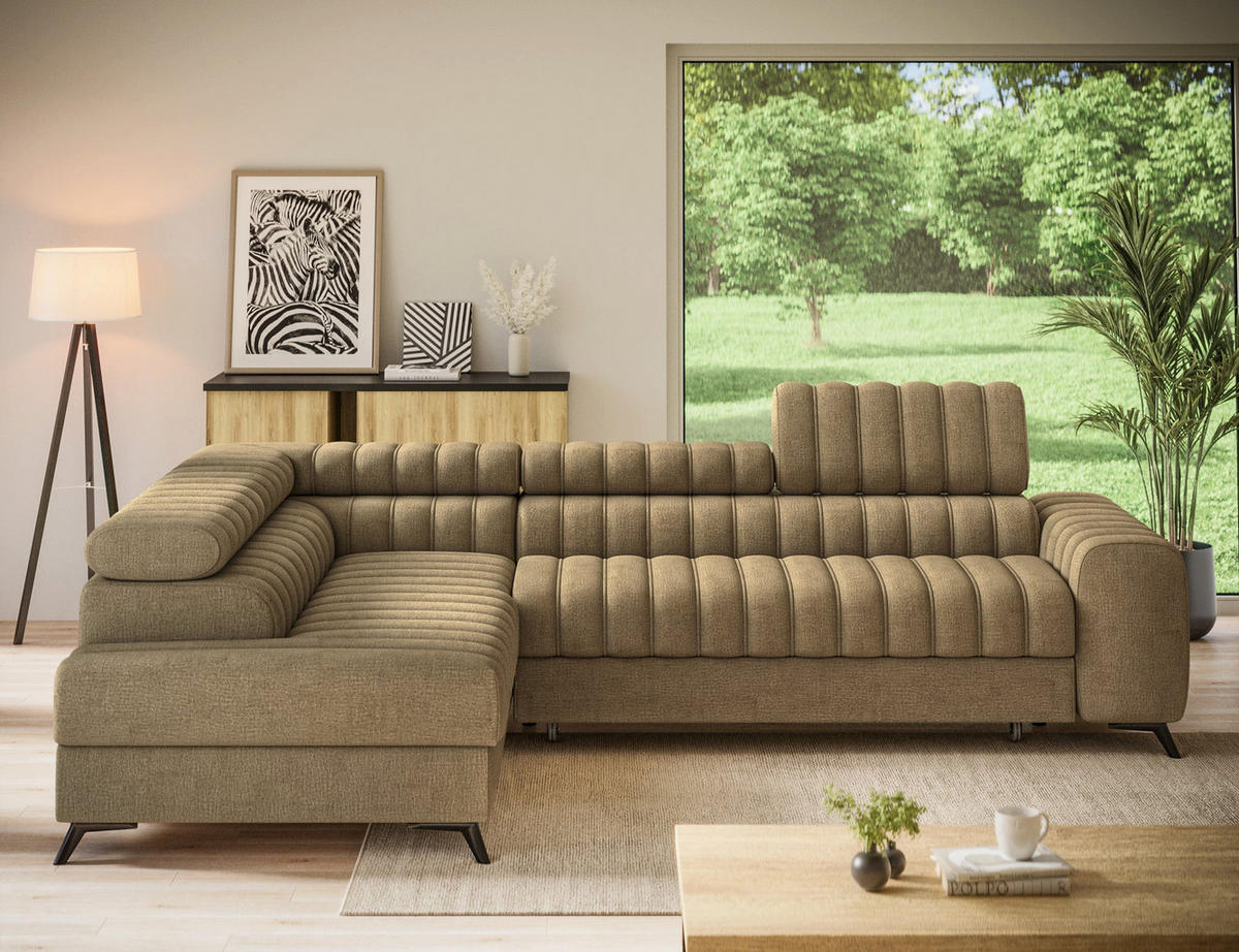 KANEDO Ecksofa mit Schlaffunktion und Bettkasten – Modernes Designsofa, verstellbare Kopfstützen, Metallfüße - Braun, Kunststoff (269/86cm) - Wohnideebilder