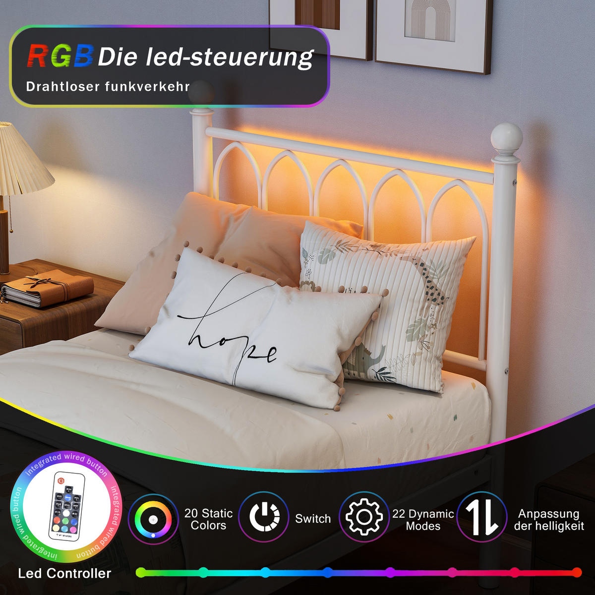 METALLBETT 90x200 cm LED USB Vintage weiß - Weiß, Metall (90/200cm) - LEBENLANG