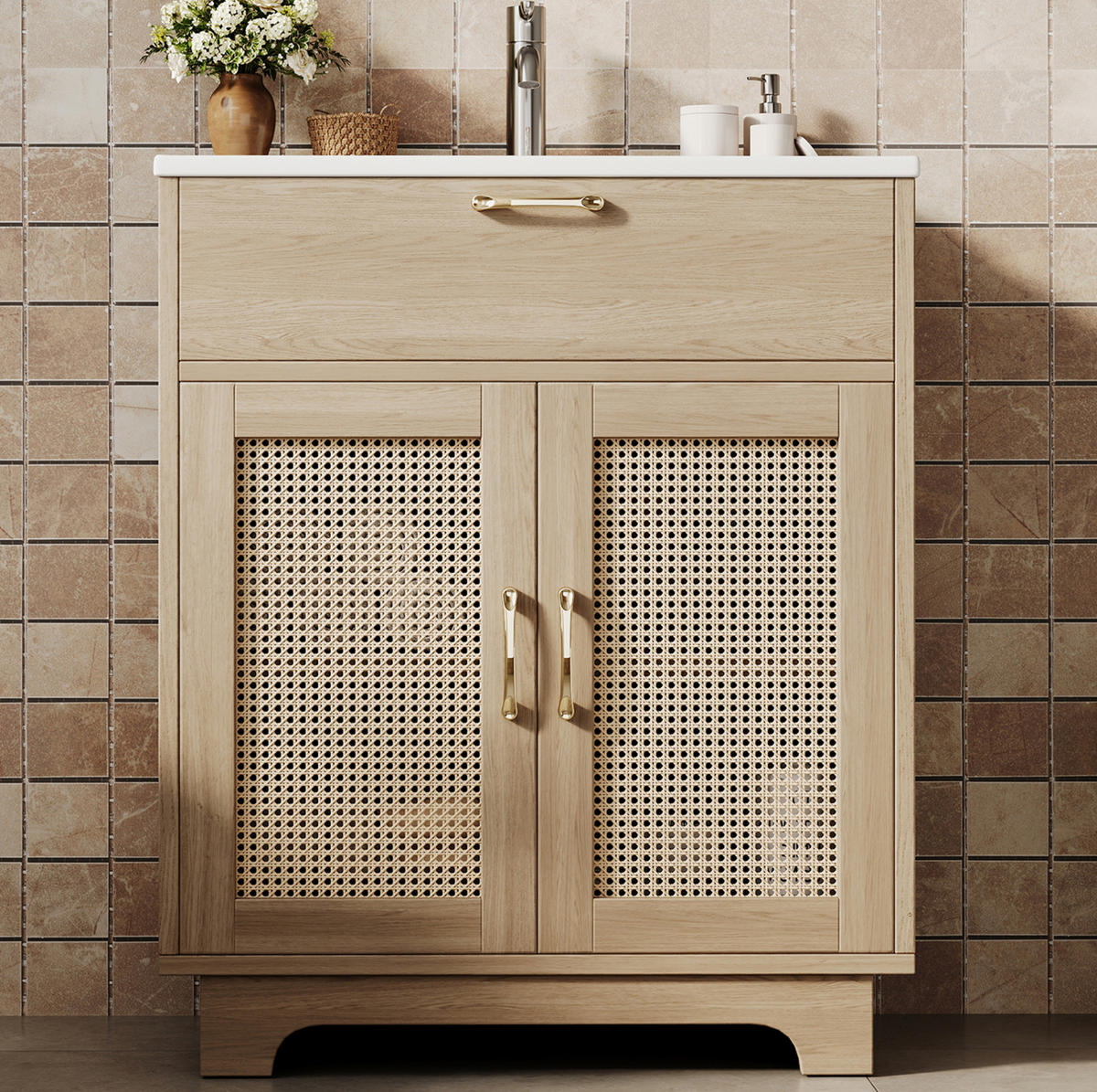 BADEZIMMERWASCHTISCH freistehend 76 x 46 x 88 cm MDF Natur mit Keramikbecken - Naturfarben, Holzwerkstoff (46/88/76cm) - Beauniv
