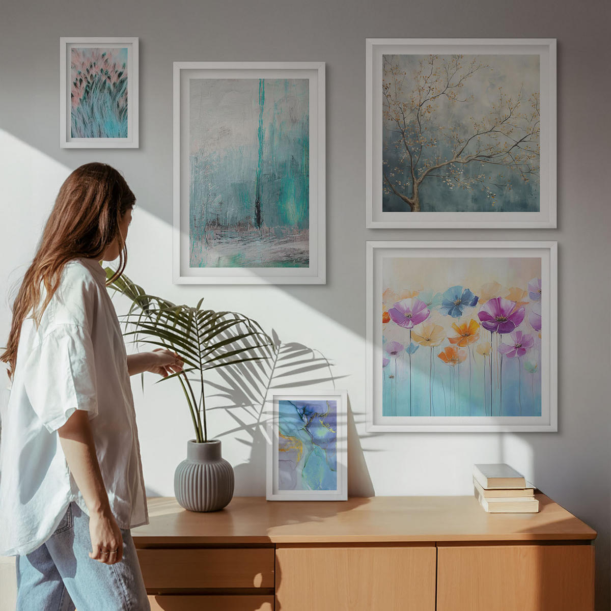 WANDBILDER 5er-Set - 50x50 cm & 20x30 cm & 40x60 cm Weißer Rahmen - Leuchtturm, Landschaft, Mädchen, Pferd - Weiß, Kunststoff (40/60cm) - ArtPrintCave