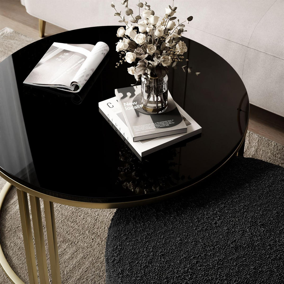 COUCHTISCH mit Hocker LORI Hochglanz gebürstetes Gold/Schwarz glänzend/Coral 60 - Schwarz, Metall (70/70/49cm) - Lookway