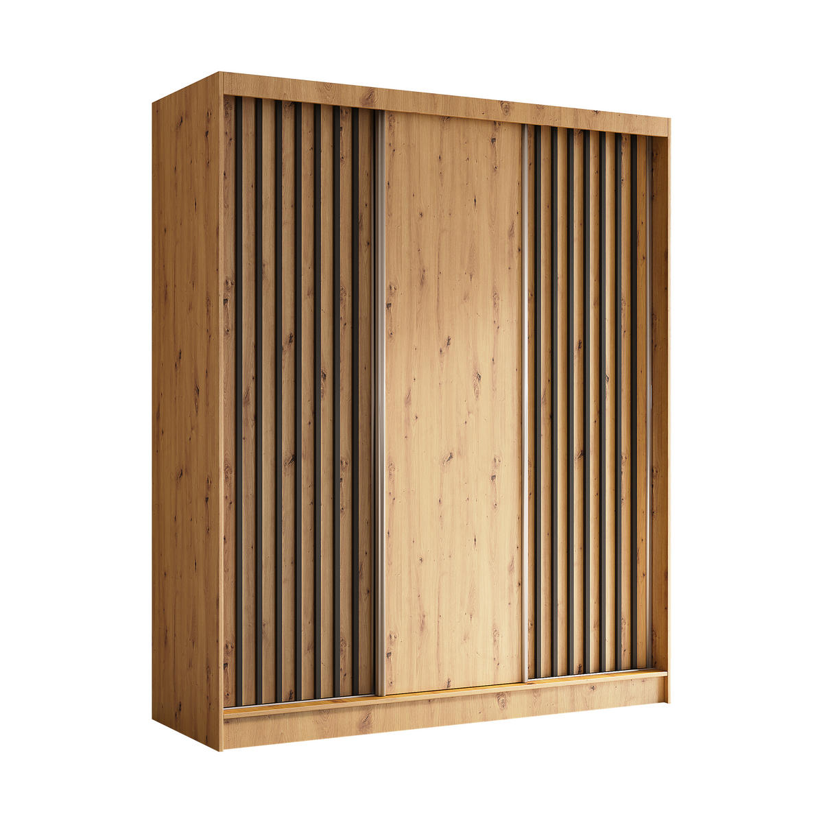 KLEIDERSCHRANK mit furnierten Schiebetüren und Aluminium-Leisten, LED-Beleuchtung - LABELO - 180 cm Artisan+Artisan+Schwarz - Schwarz/Eiche Artisan, Holzwerkstoff (180/216/61cm) - ALTDECOR