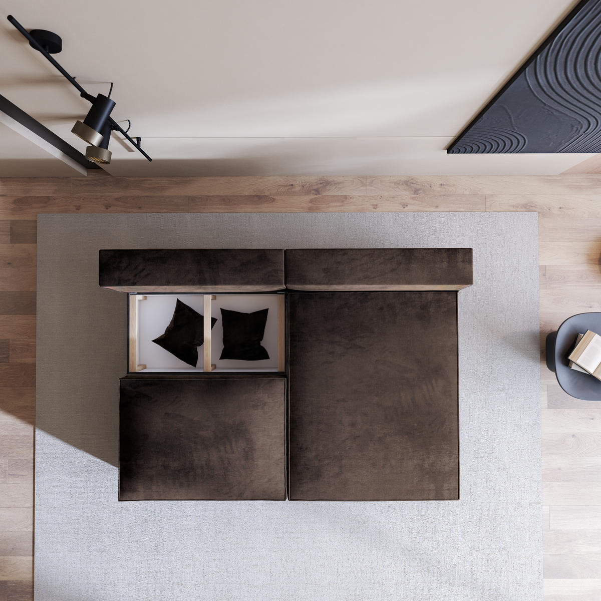 ECKSOFA FIORO M Braun Velours-Stoff mit Schlaffunktion - Braun, Holz (204/148cm) - MASSENO