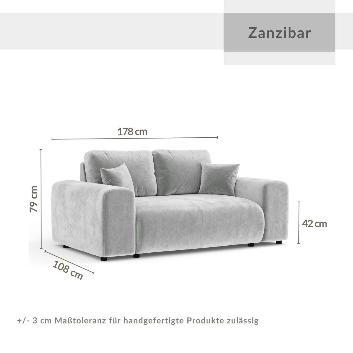 2-SITZER-SOFA Zanzibar Creme Samtstoff - Creme/Schwarz, Holz/Holzwerkstoff (178/79/108cm) - Maison de Reve