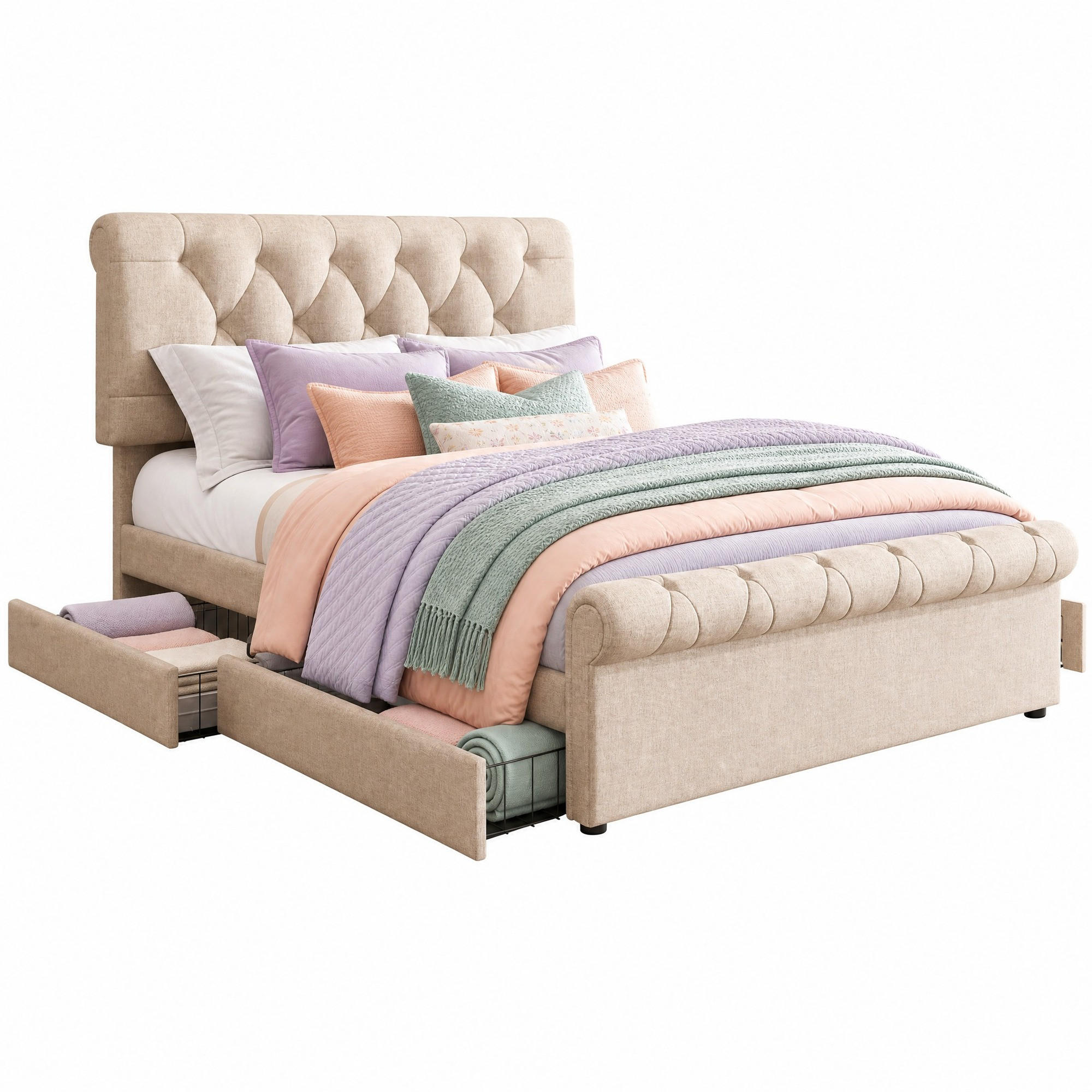 BETT mit 4 Schubladen 140x200 cm Leinen Natur inkl. Matratze - Beige, Holz (140/200cm) - Meubliv