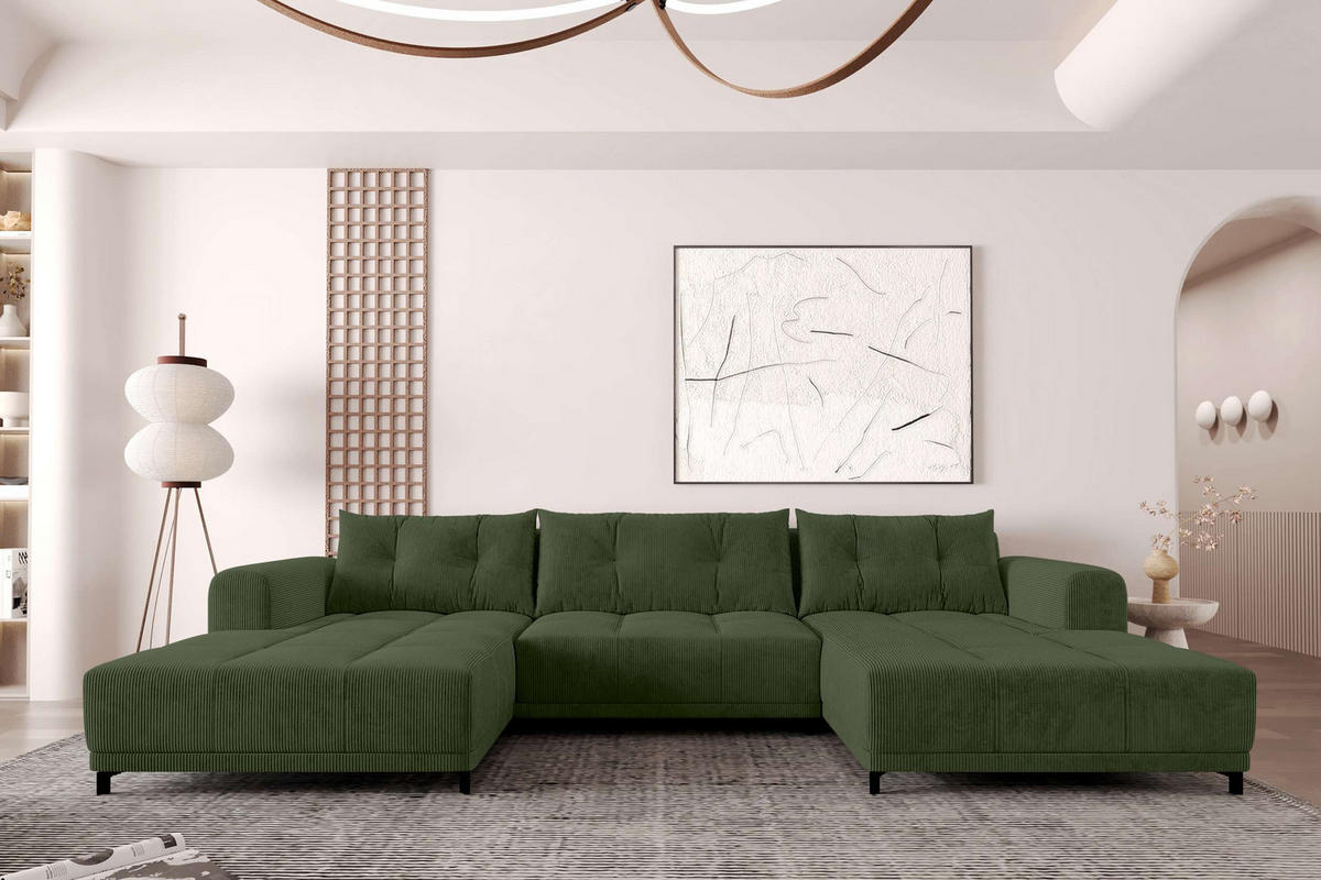WOHNLANDSCHAFT Massimo Cordstoff Olivgrün inkl. Schlaffunktion - Schwarz/Olivgrün, Textil/Metall (356/94/181cm) - 99rooms