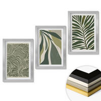 WANDBILDER 3er Set - 20x30 cm Silberner Rahmen - Blätter mit wellenförmigen grünen Linien - Silberfarben, Kunststoff (20/30cm) - ArtPrintCave