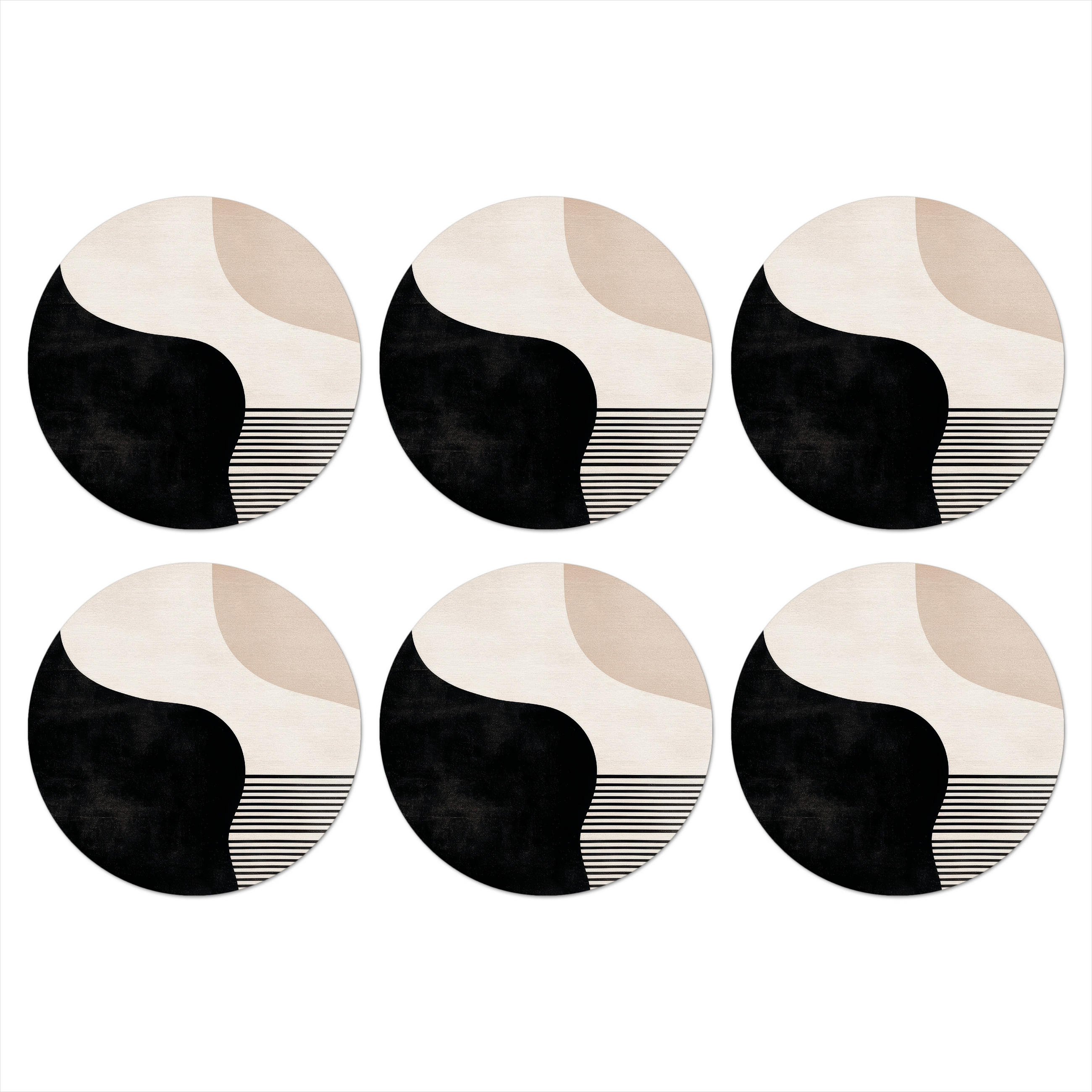 GLASUNTERSETZER 6er-Set Rund Abstrakt - Japandi - Beige - Modern 10x10 cm - Schwarz, Naturmaterialien (10/0.2cm) - MuchoWow