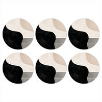 GLASUNTERSETZER 6er-Set Rund Abstrakt - Japandi - Beige - Modern 10x10 cm - Schwarz, Naturmaterialien (10/0.2cm) - MuchoWow