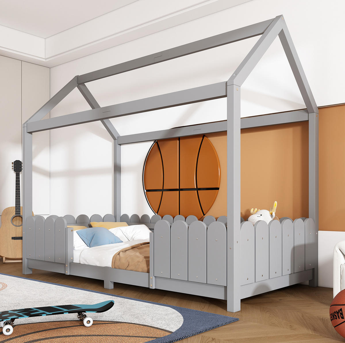 KINDEREINZELBETTEN aus Massivholz 90x200 cm in Grau mit Rausfallschutz & Lattenrost - Grau, Holz (90/200cm) - Modfu