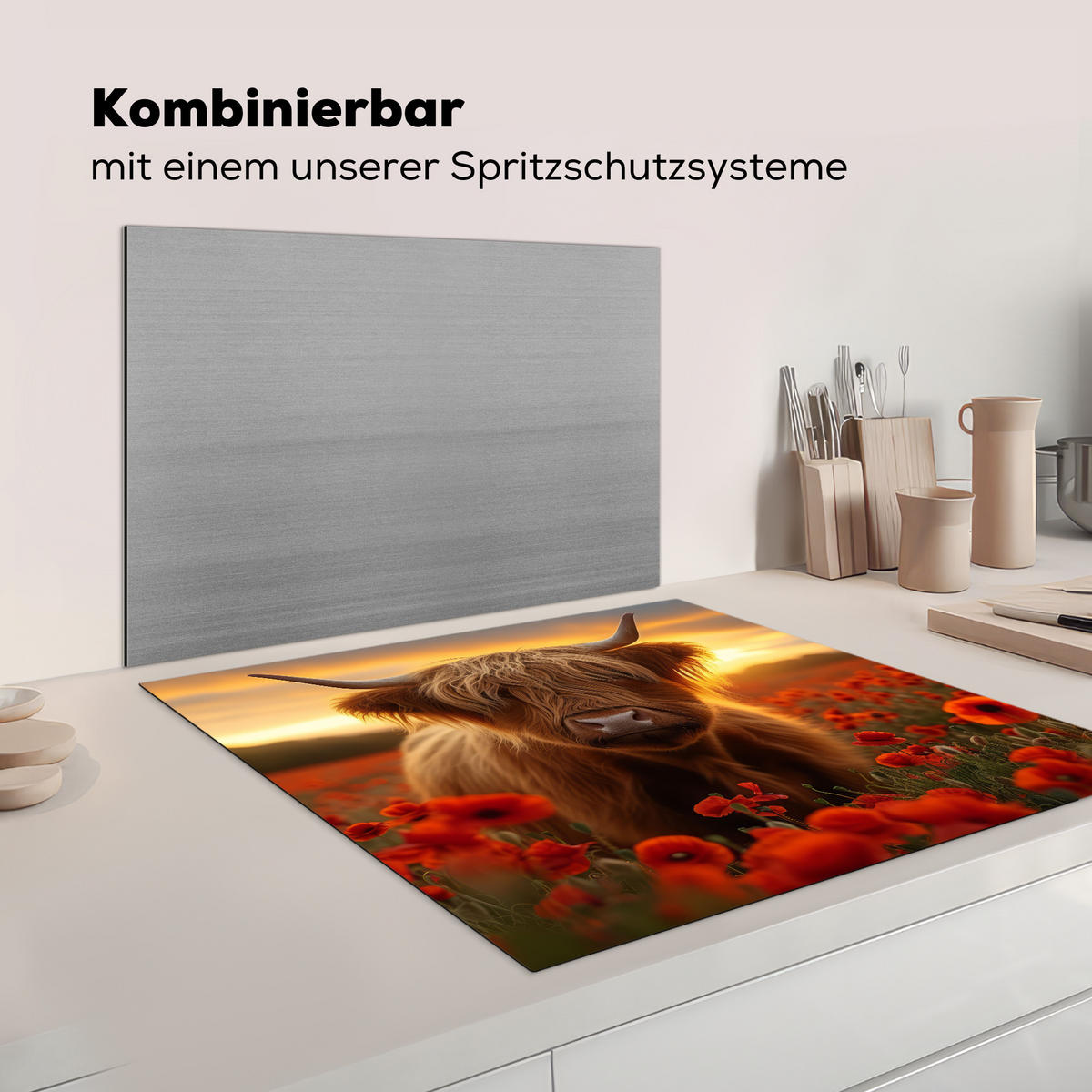 HERDABDECKPLATTE Schottische Highlander - Rosen - Blumenfeld - Sonnenuntergang Induktionsmatte 78x78 cm - Rotbraun, Kunststoff (78/78/0.2cm) - MuchoWow