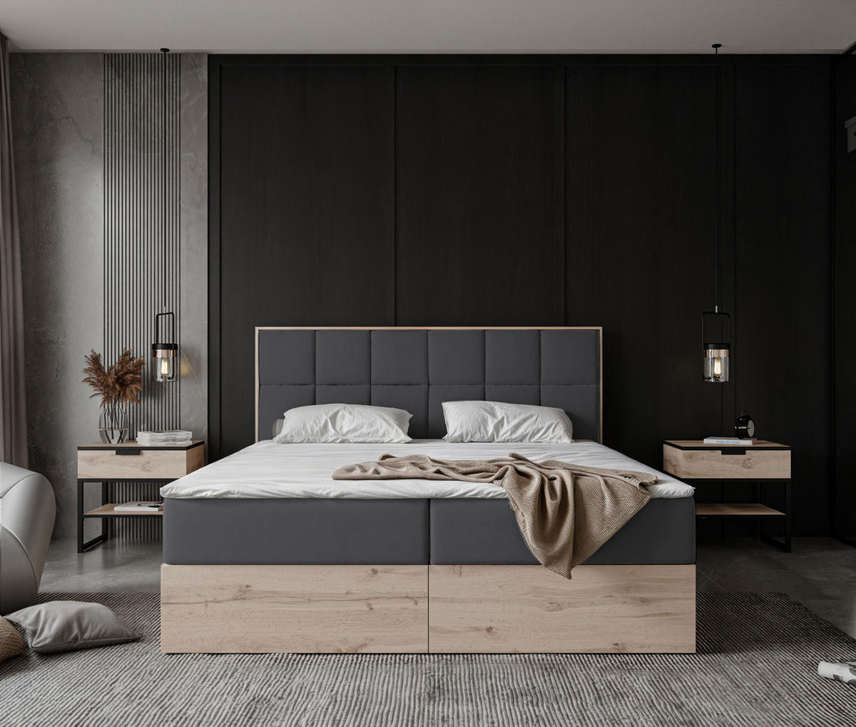 BOXBETT LAVIO II 180/200 cm, in Dunkelgrau, mit Matratze und Topper - Dunkelgrau, Holzwerkstoff/Textil (180/200cm) - Idohome