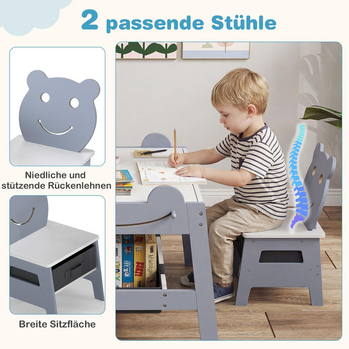 KINDERTISCH mit stuhl grau(3-tlg) - Grau, Holzwerkstoff (70/50/60.5cm) - COSTWAY