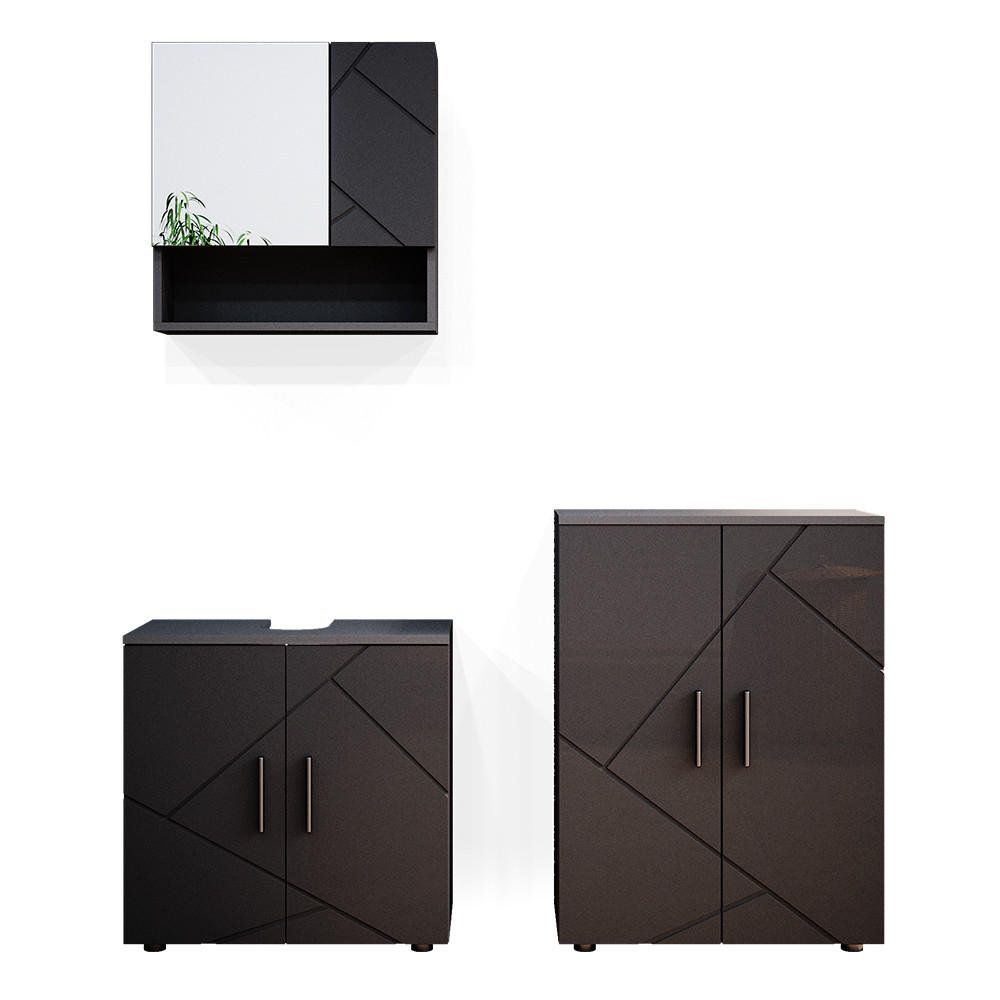 BADMÖBEL-SET Irma Anthrazit Hochglanz 3 Teile, mit Unterschrank 60 cm - Anthrazit, Holzwerkstoff (80/58.6/41cm) - Vicco