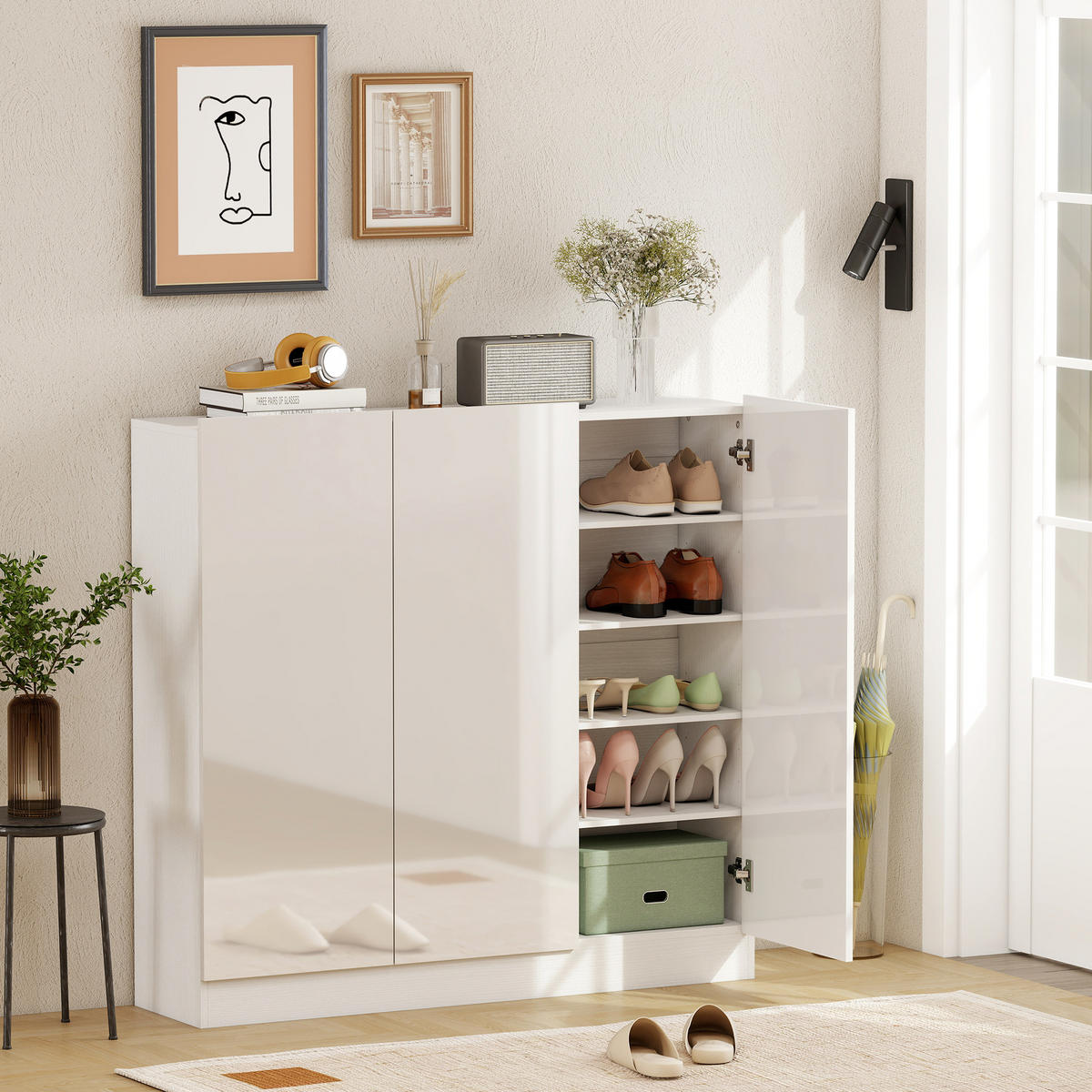 SCHUHSCHRANK, Schuhregal mit Verstellbaren Ablagen, Belüftungslöchern, Weiß - Weiß Hochglanz/Weiß, Holzwerkstoff (34/108.5/106.4cm) - HOMCOM