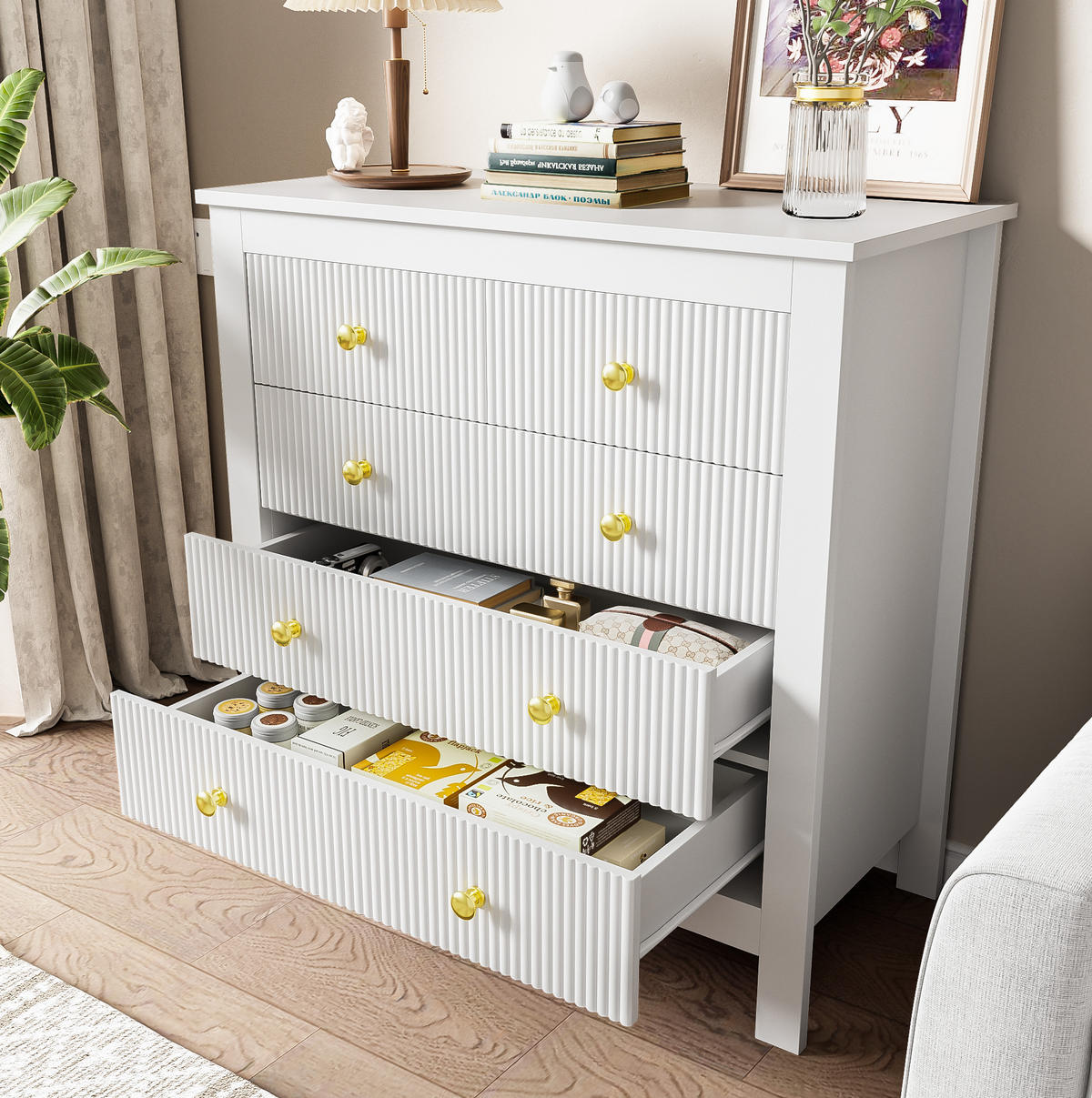 SIDEBOARD 79/80,5/39,5 cm in Weiß mit 5 Schubladen und goldfarbenen Griffen - Weiß, Holzwerkstoff (79/80.5/39.5cm) - Flora Grace