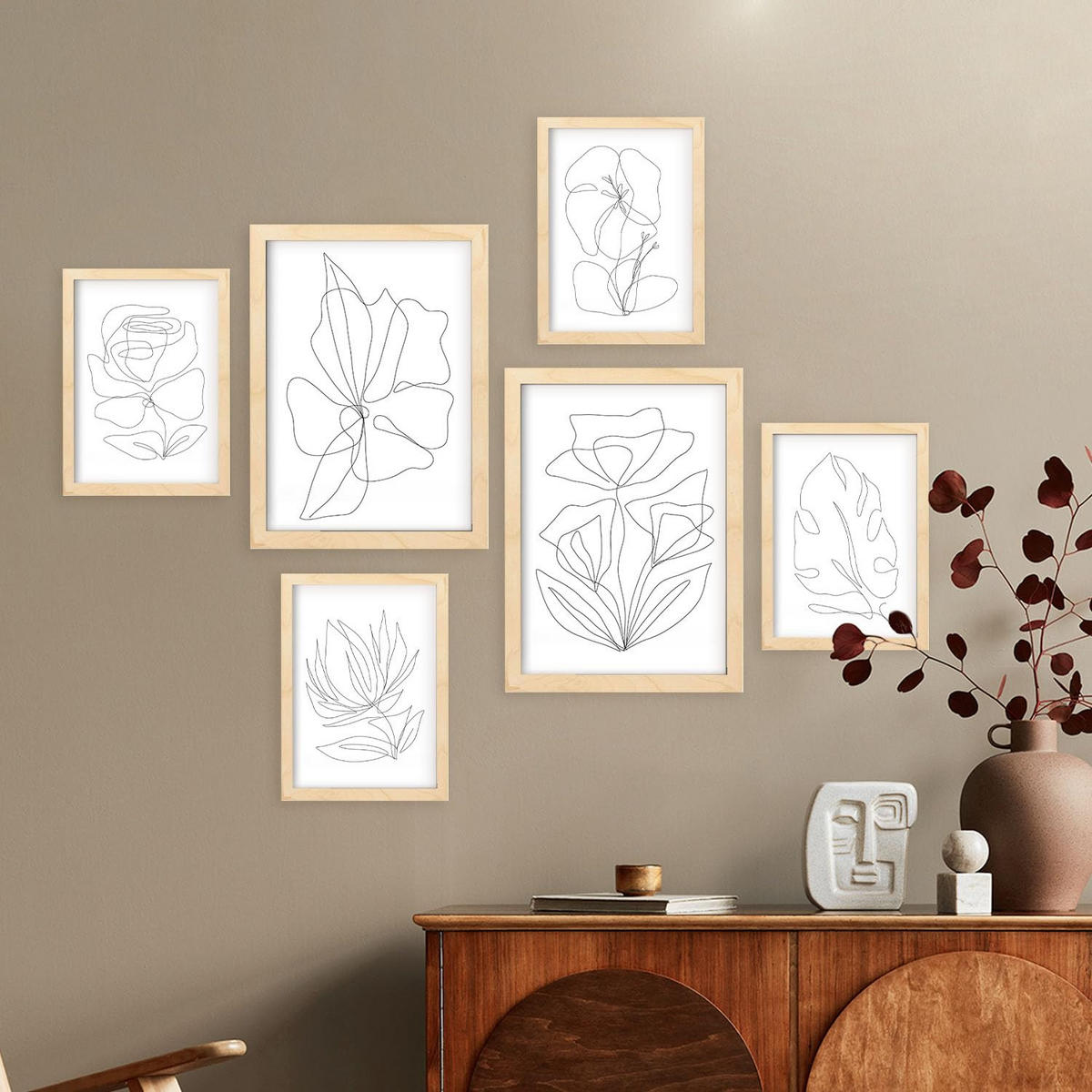 POSTER Set Mit 6 Blütenrahmen 2 In Blume Zusammenfassung Ästhetische Dekorative Gemälde Für Ihr Wohnzimmer Zuhause A3 & A4 Rahmen Aus Hellem Holz - Beige, Papier (29/3cm) - Nacnic