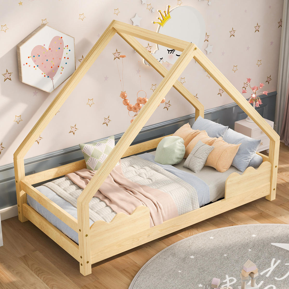 HAUSBETT 90x200 Kinderbett Rausfallschutz Jugendbett Massivholz Natur - Naturfarben, Holzwerkstoff (90/200cm) - FLIEKS