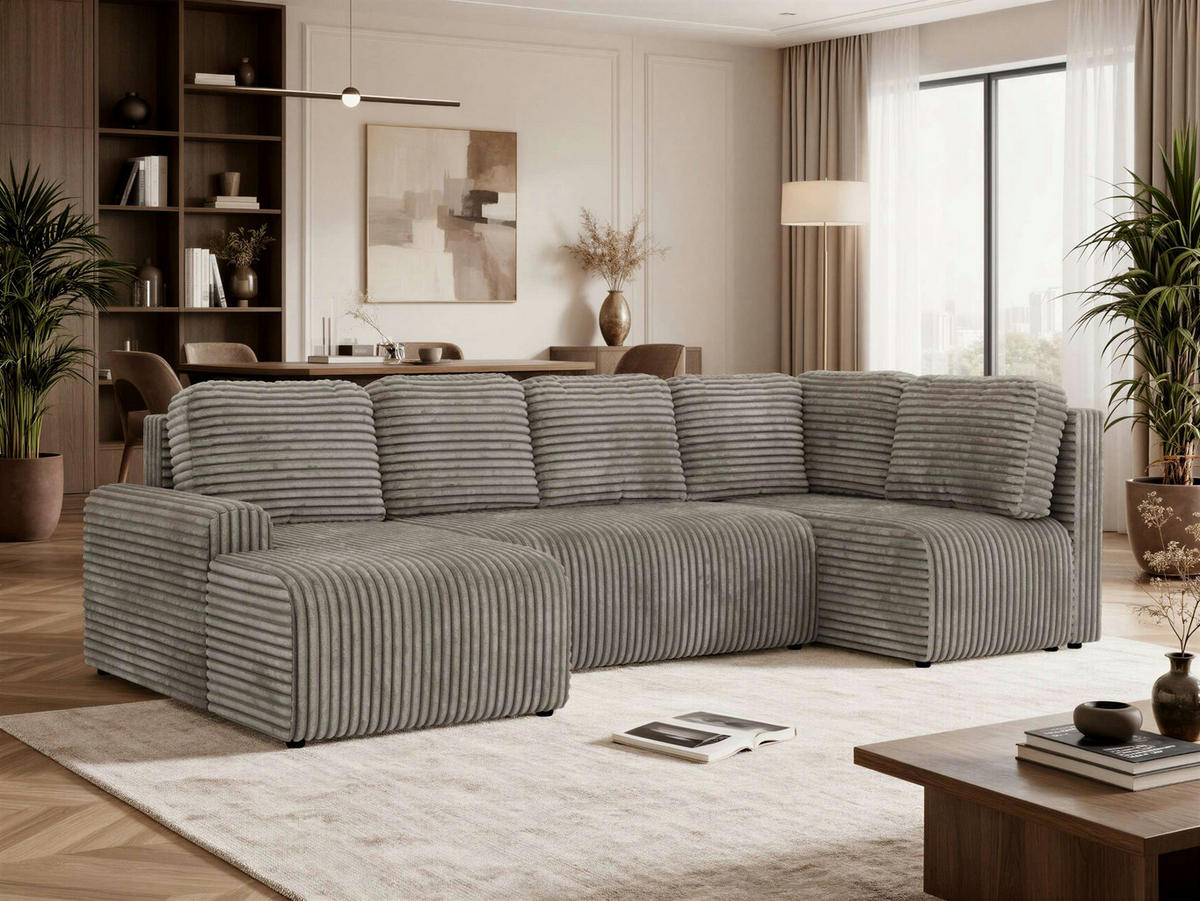 WOHNLANDSCHAFT NESSARO COR U Hellbraun Cord - Rechts Seite - Hellbraun/Schwarz, Kunststoff/Textil (151/92/307cm) - MKS