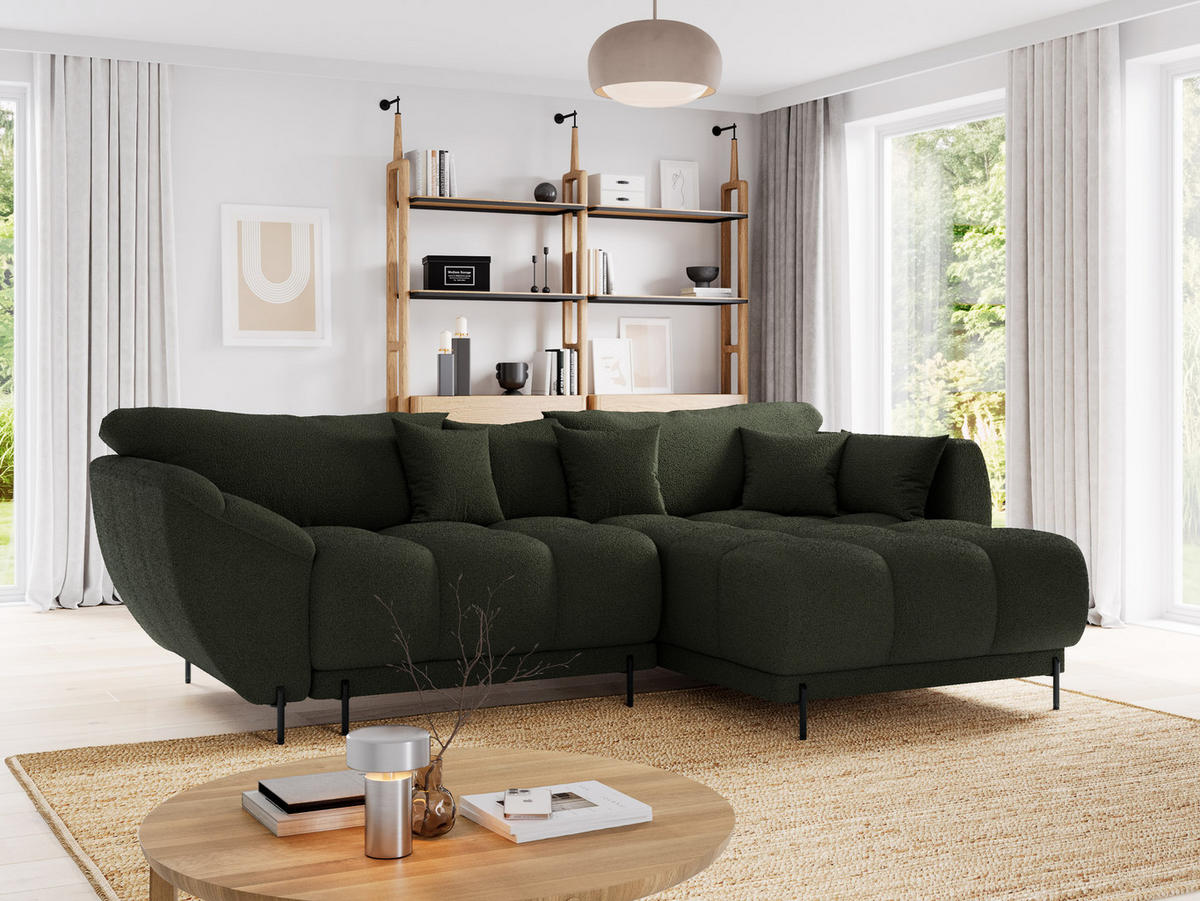 ECKSOFA LEGRO Rechts weiß Bouclé-Stoff L-Form Couch mit Schlaffunktion & Bettkasten - Schwarz/Weiß, Holz (285/180cm) - Barchello