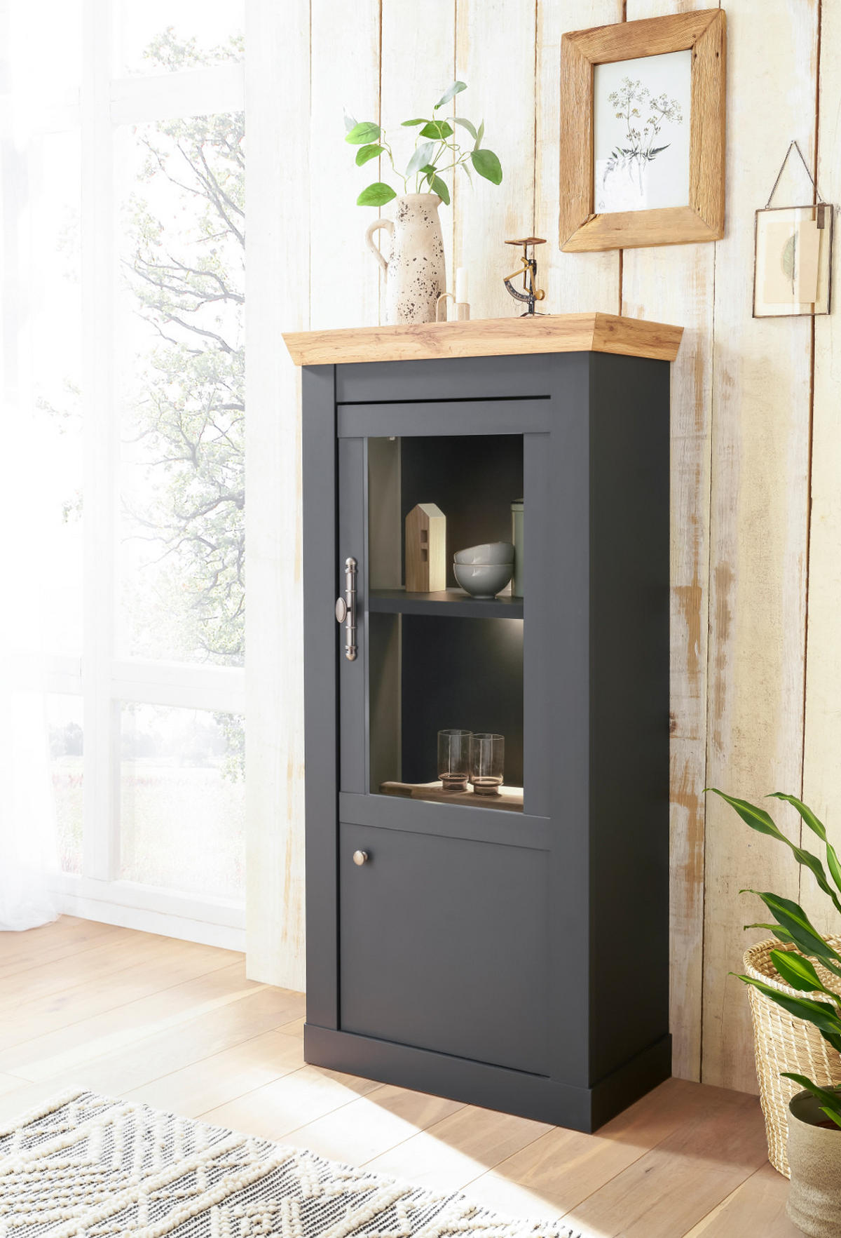 VITRINENSCHRANK grau, Eiche Wotan, Landhaus 72cm, Vitrine mit Soft-Close - Silberfarben/Eiche Wotan, Glas/Holzwerkstoff (72/146/38cm) - Furn.Design