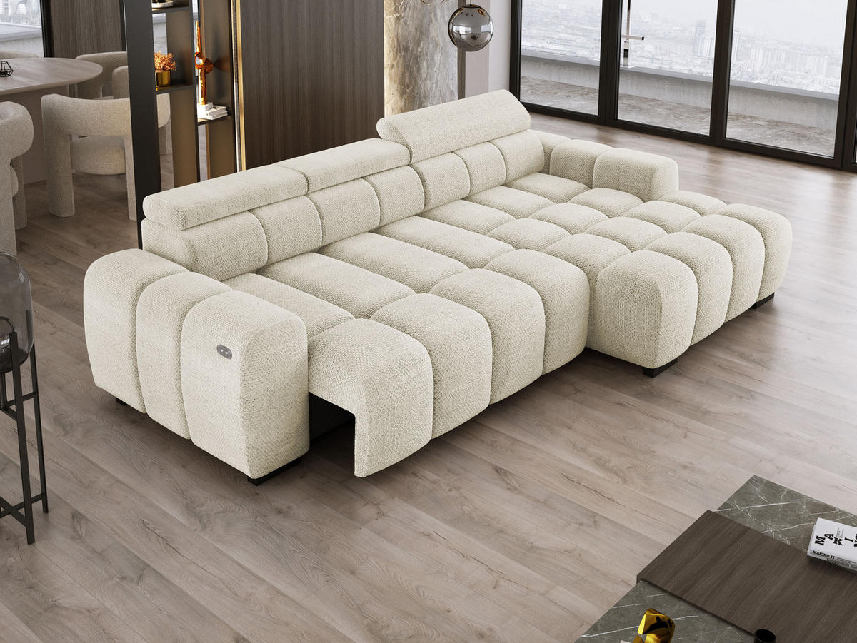 ECKSOFA OMBO 285x168x77/97 cm, Rechts, Schlaffunktion, elektr. Sitz, Kopfstützen, hydrophober EDEN-Stoff – Weiß - Weiß, Holz/Textil (285/168cm) - DomoHome