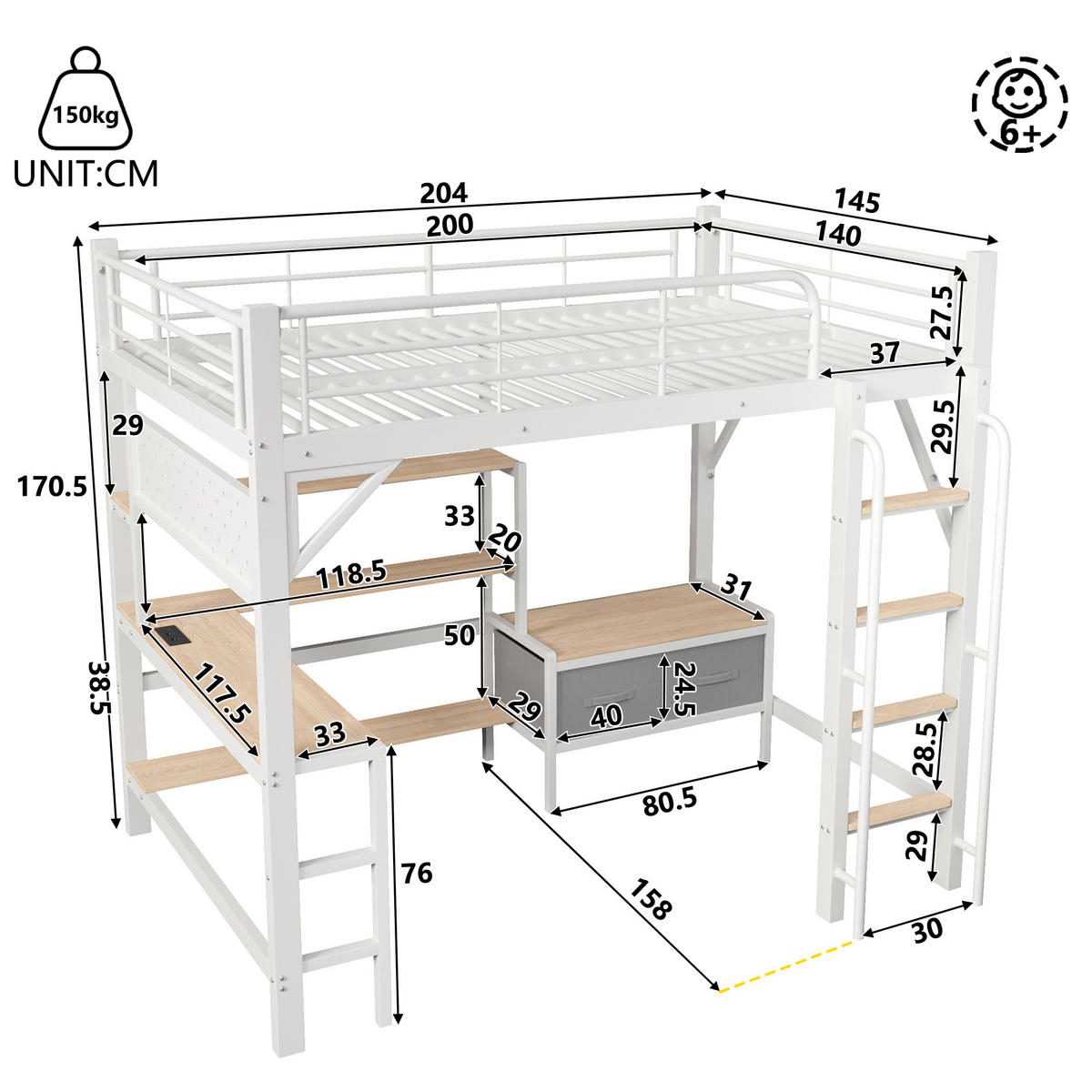 HOCHBETT 140x200cm, Eisen, Lochwand, Regale, Schubladen, Schreibtisch, USB, LED, Geländer, ohne Matratze, Weiß - Weiß, Holzwerkstoff (140/200cm)