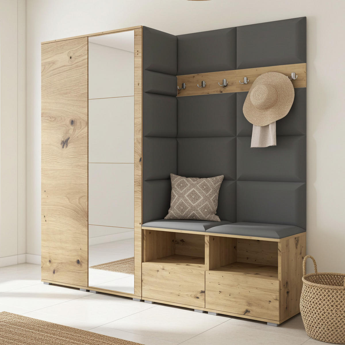GARDEROBE NELA VI 200 cm (Modulare Flurmöbel Artisan Eiche mit Spiegel & Sitzpolster Dunkelgrau 15 Universell) - Dunkelgrau/Silberfarben, Holz/Holzwerkstoff (200/187/40cm) - Ravio